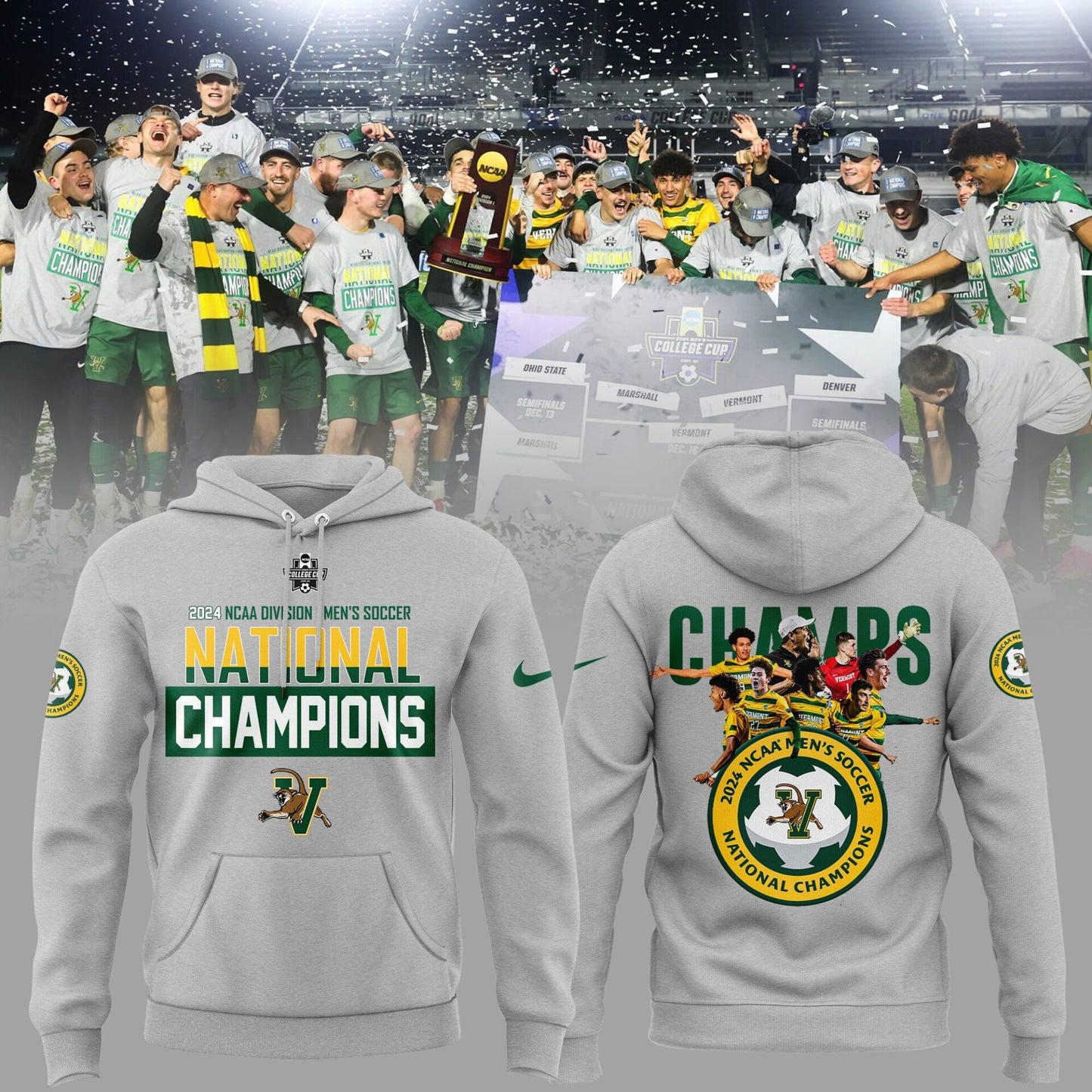 Premium University of Vermont Catamounts Merch - UVM Men’s Soccer 2024 College Cup National Champions Hoodie