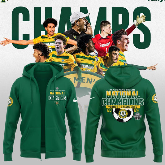 Premium University of Vermont Catamounts Merch - UVM Men’s Soccer 2024 College Cup National Champions Zip Hoodie