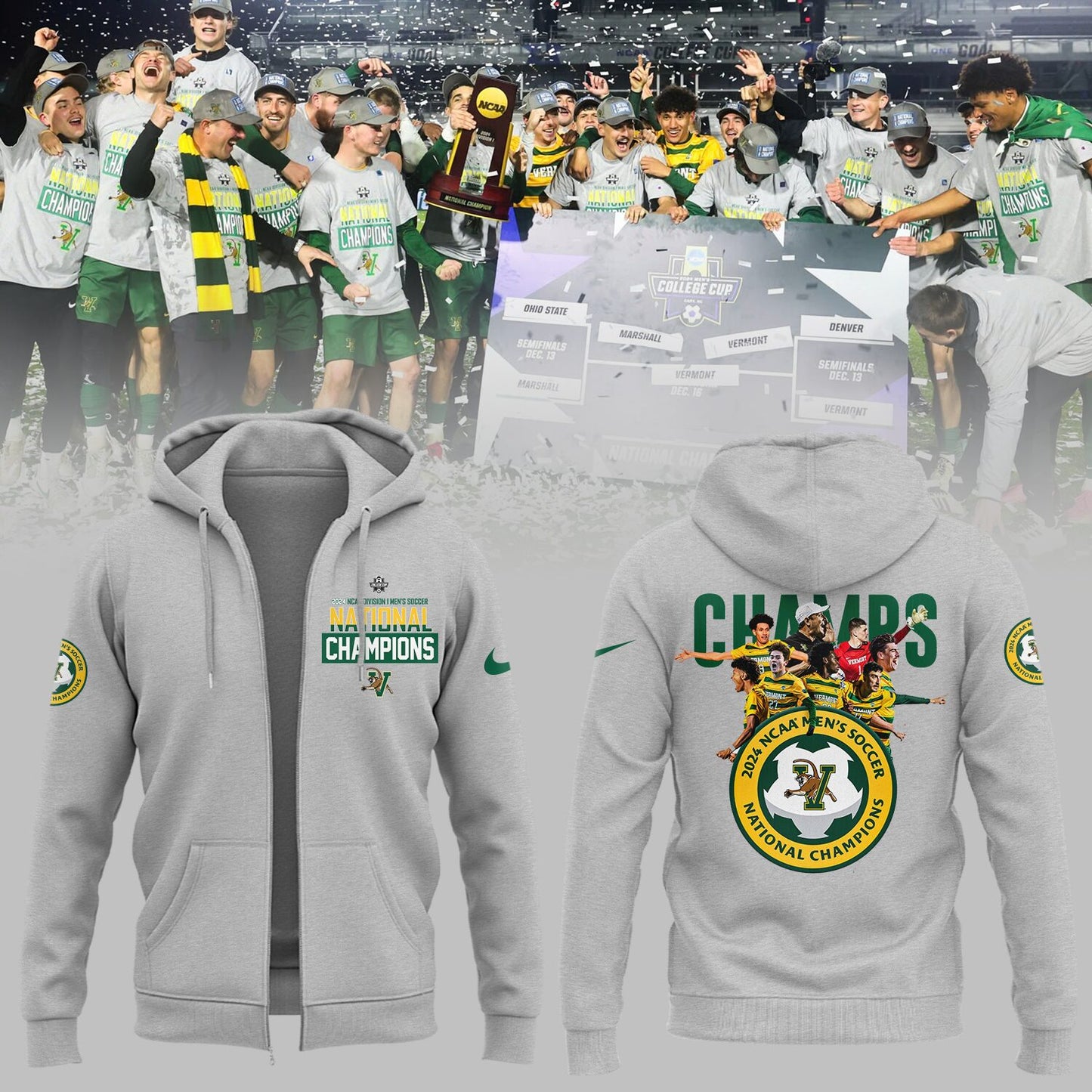 Premium University of Vermont Catamounts Merch - UVM Men’s Soccer 2024 College Cup National Champions Zip Hoodie