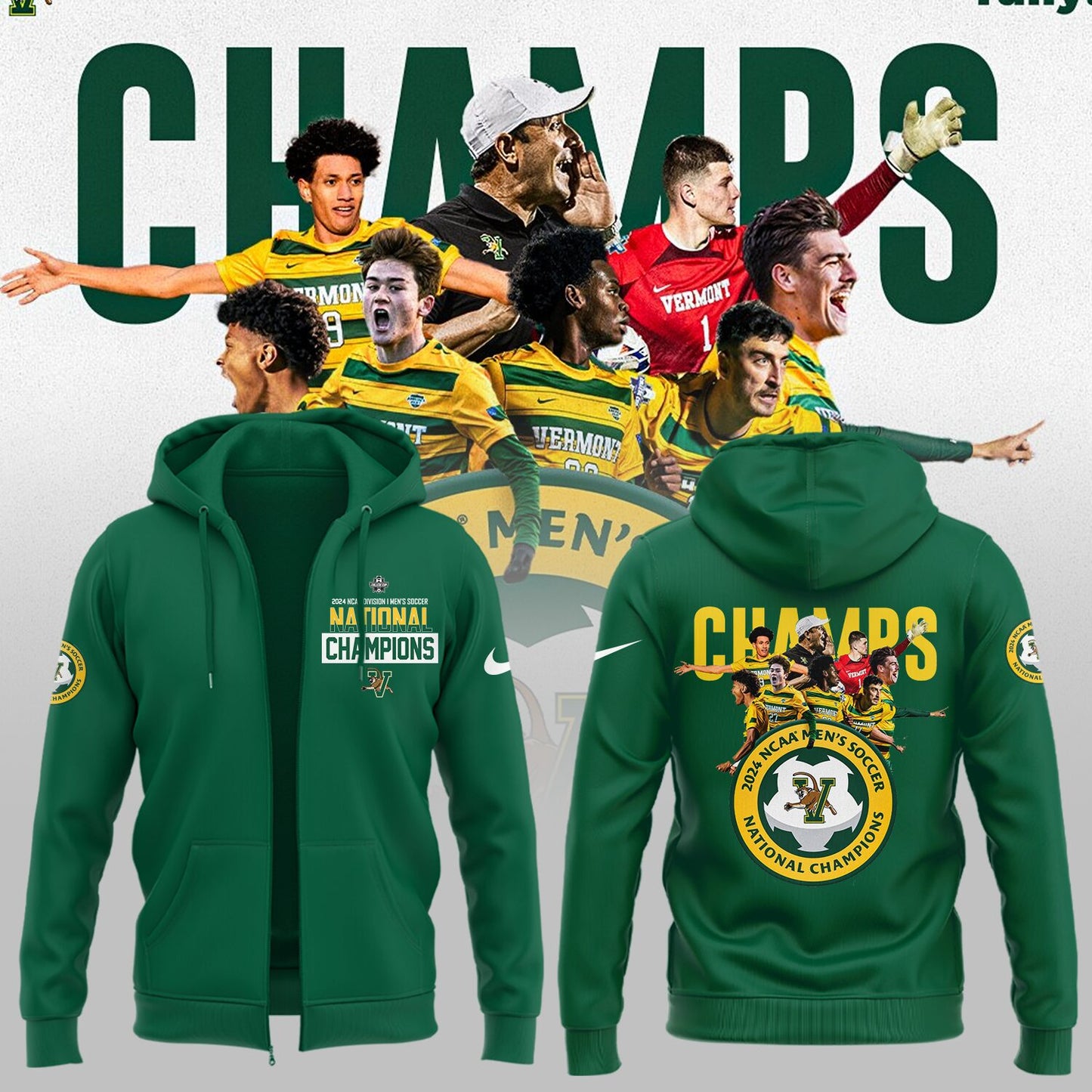 Premium University of Vermont Catamounts Merch - UVM Men’s Soccer 2024 College Cup National Champions Zip Hoodie