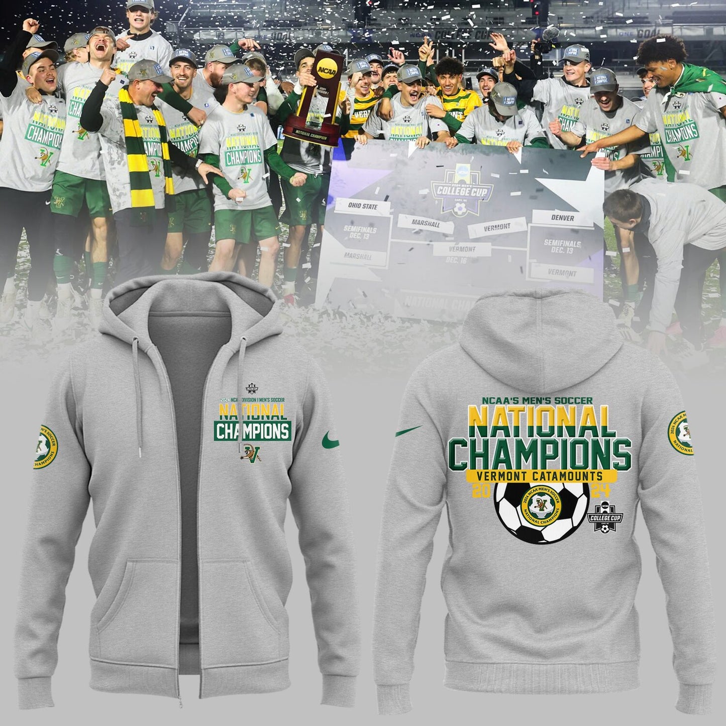 Premium University of Vermont Catamounts Merch - UVM Men’s Soccer 2024 College Cup National Champions Zip Hoodie