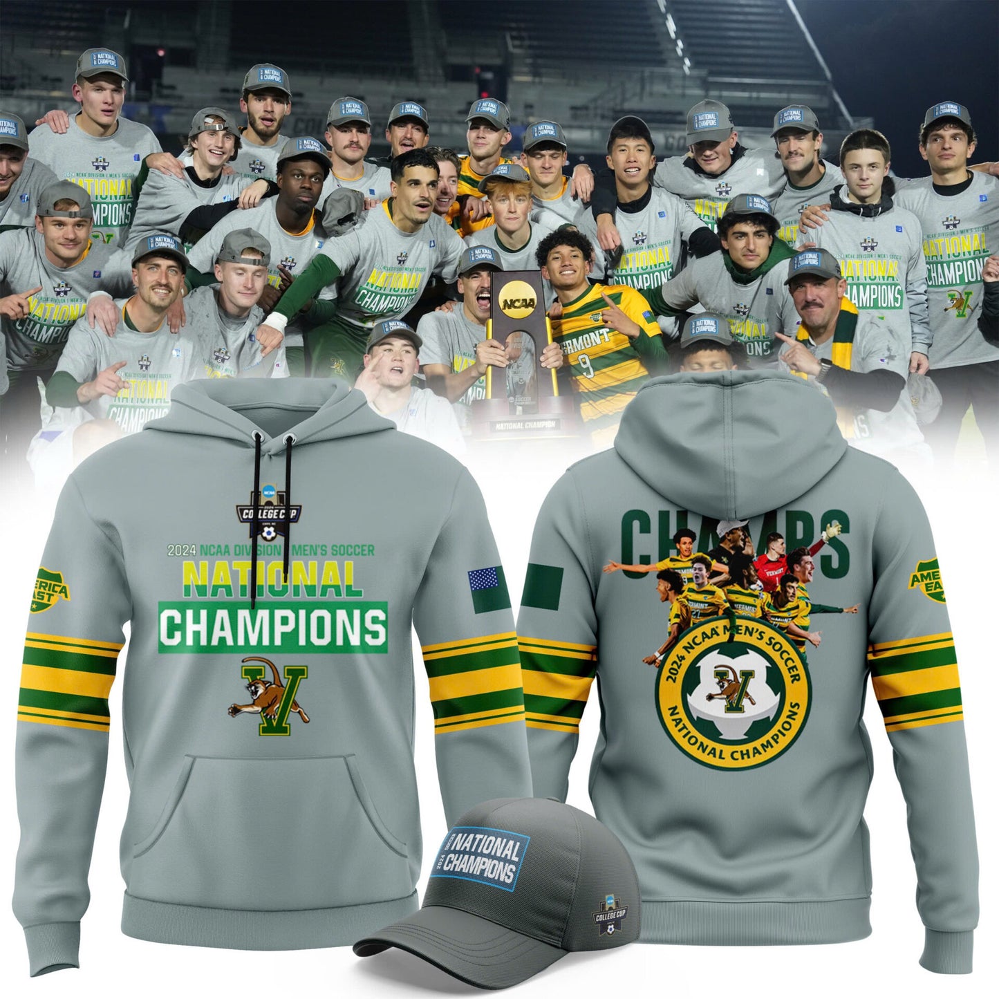 Premium University of Vermont Catamounts Merch - UVM Men’s Soccer 2024 College Cup National Champions Hoodie