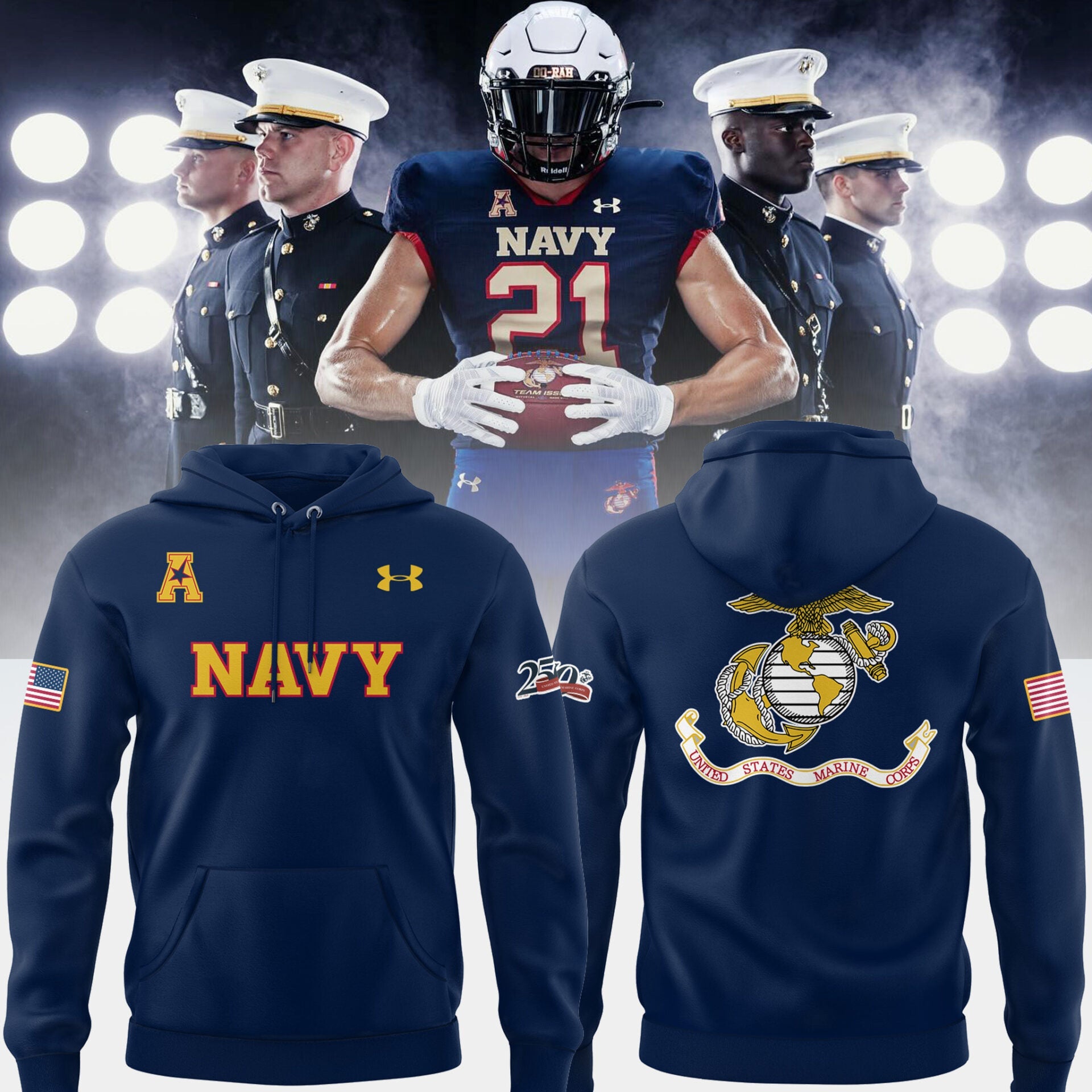 Limited Edition NAV Football Happy 250th Birthday U.S. Marines Hoodie