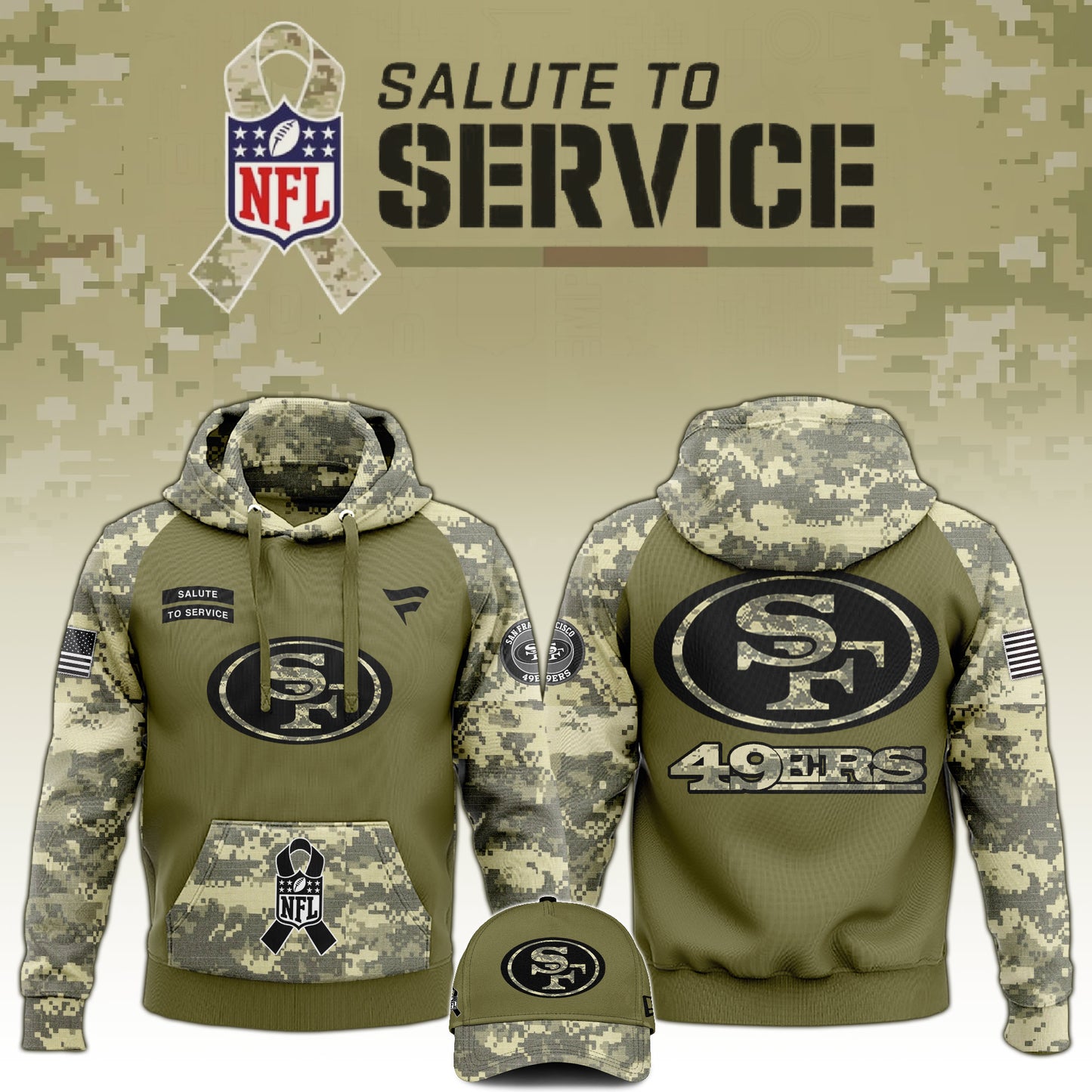 Premium San Francisco 49ers Gear - San Francisco 49ers Camo Hoodie 2024 Salute to Service Club - Gear Up For Big Game - High-End SF 49ers Merch