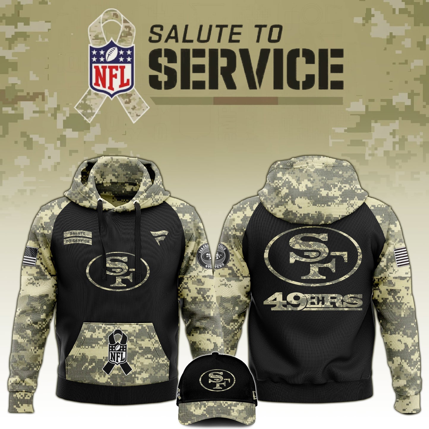 Premium San Francisco 49ers Gear - San Francisco 49ers Camo Hoodie 2024 Salute to Service Club - Gear Up For Big Game - High-End SF 49ers Merch