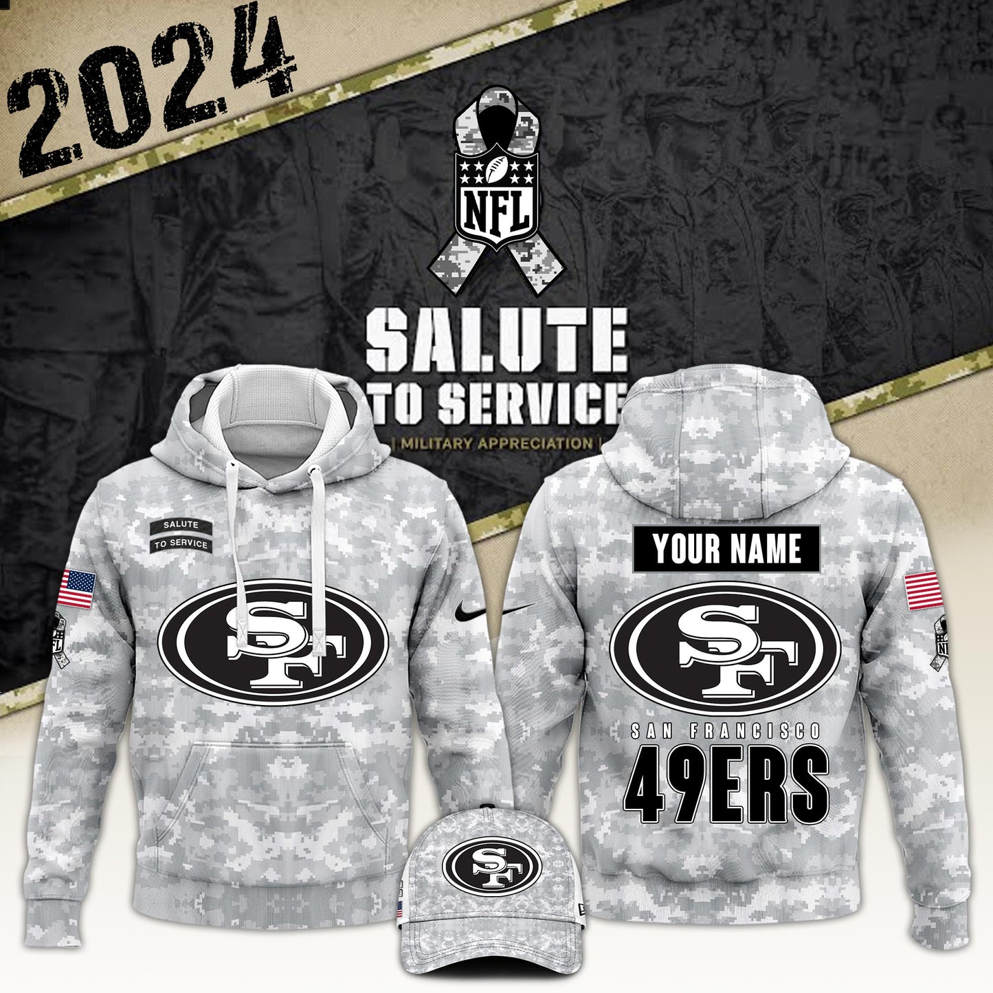 Premium San Francisco 49ers Gear - San Francisco 49ers Hoodie Camo 2024 Salute to Service Club - Gear Up For Big Game - High-End SF 49ers Merch