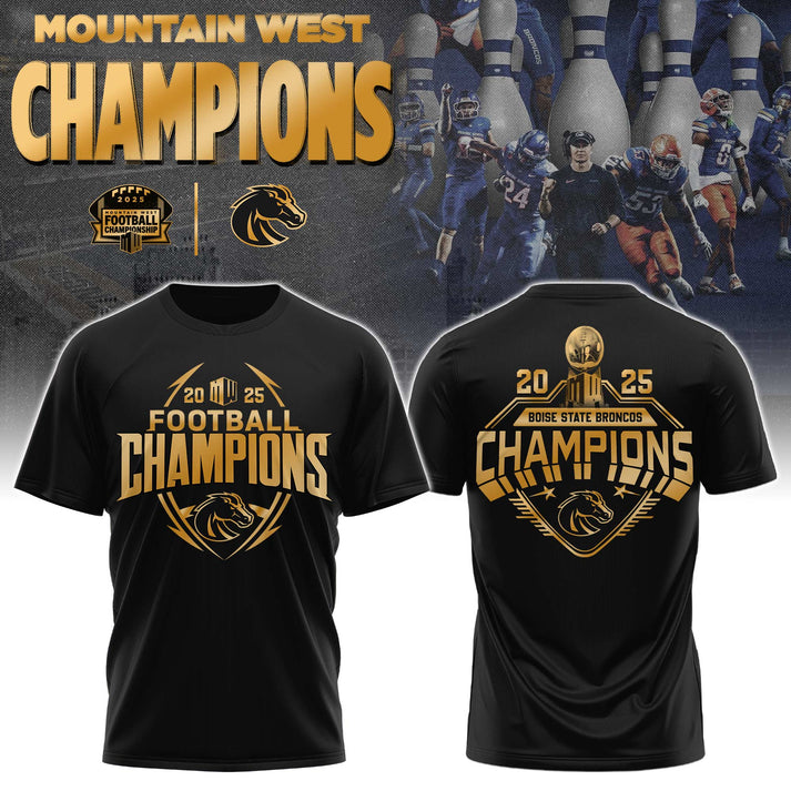 Boise State 2025 Mountain West Championship Golden Black T-Shirt - Boise State Football Champions T-Shirt