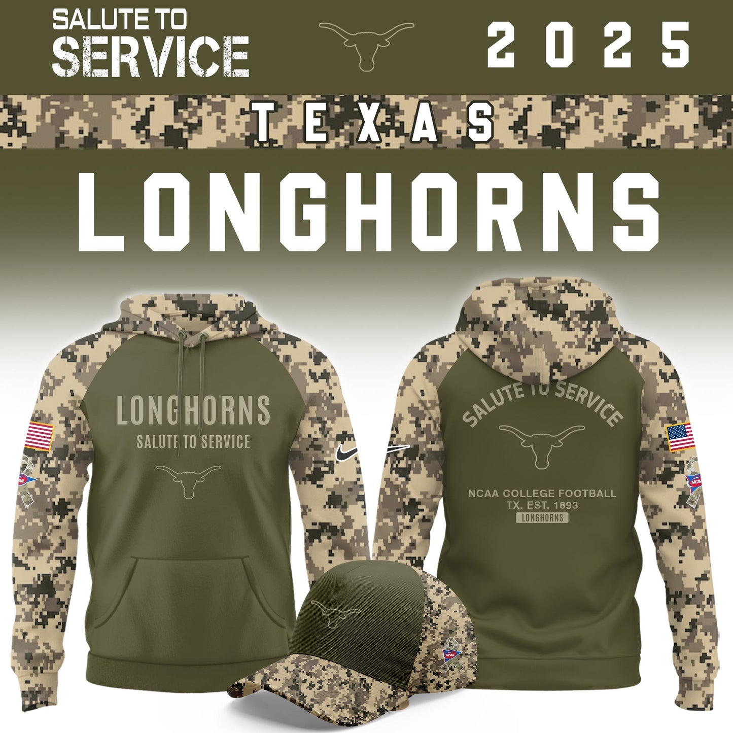 Texas Longhorns Salute To Service Limited Hoodie and Cap 2025 Collection