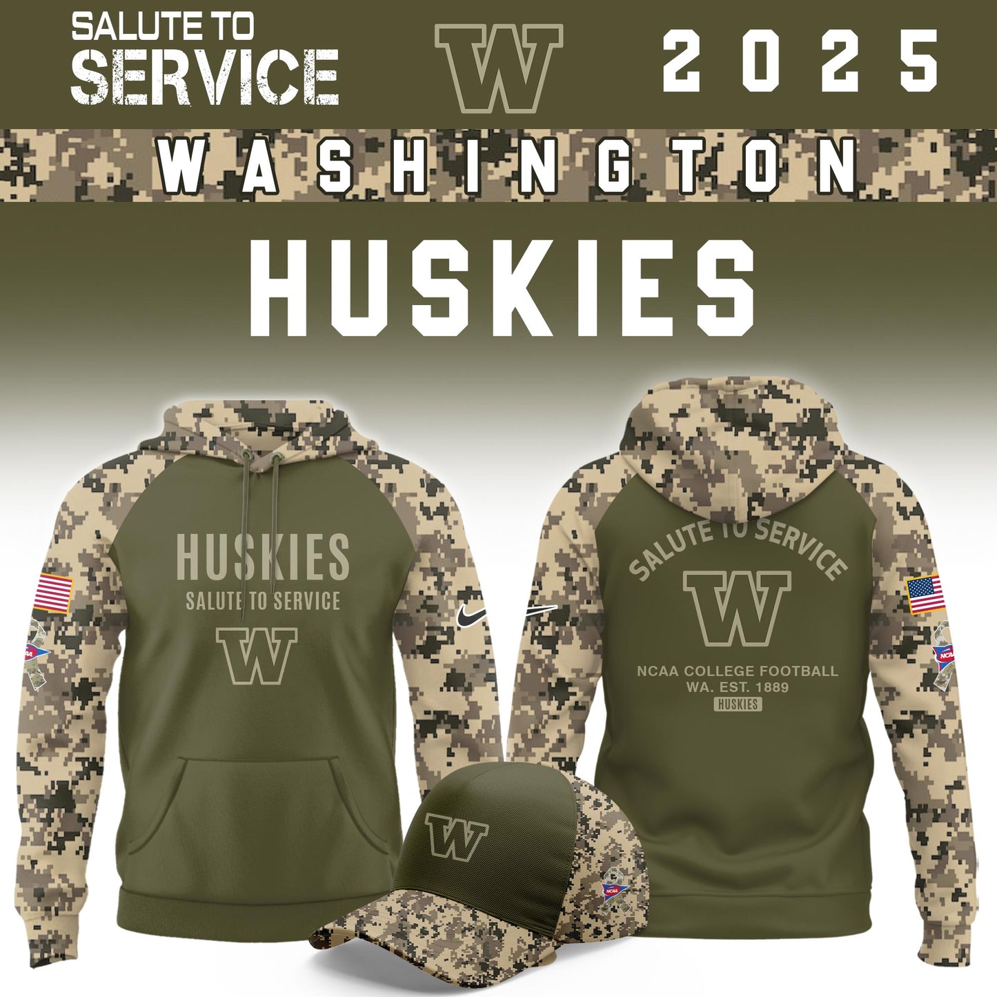 Washington Huskies Salute To Service Limited Hoodie and Cap 2025 Collection