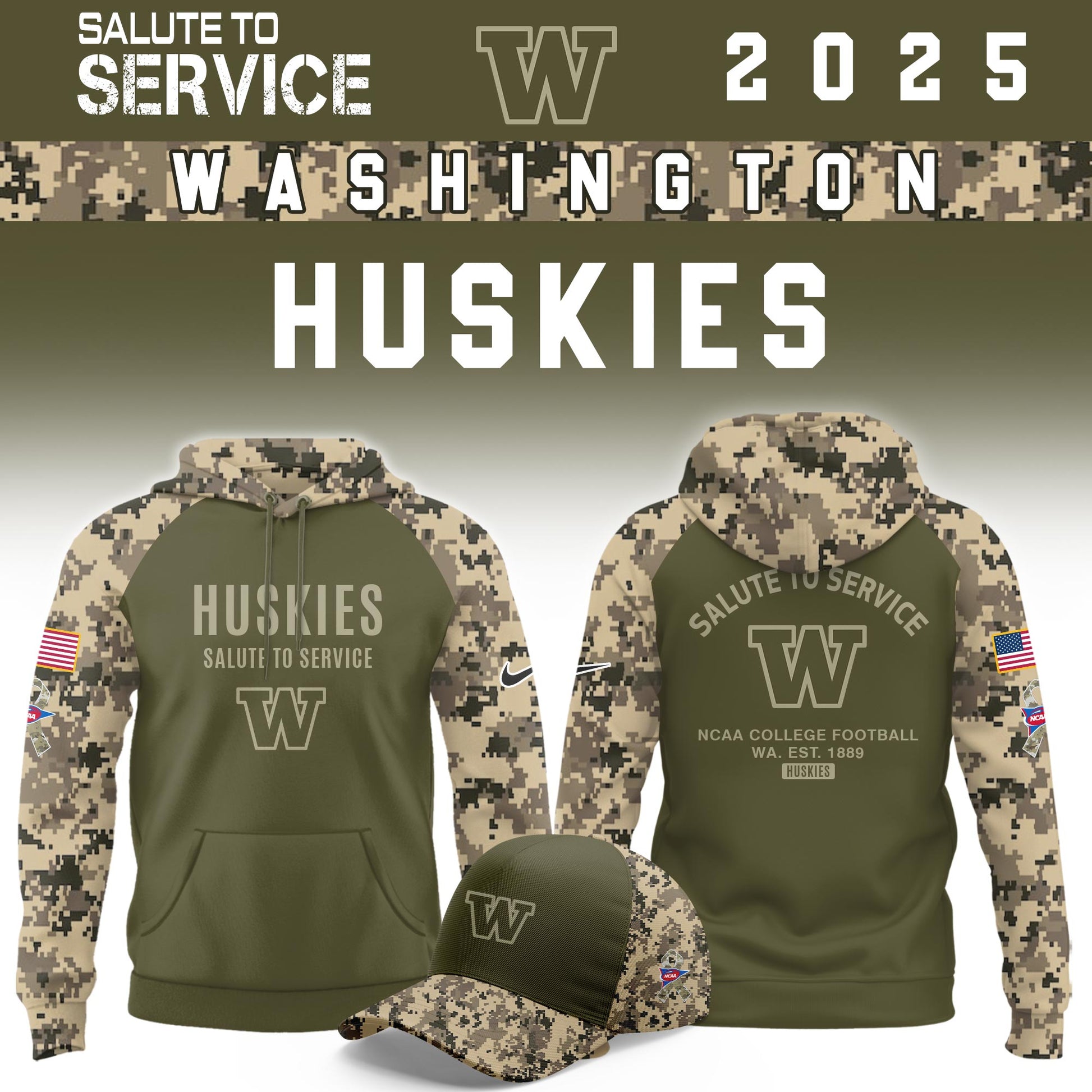 Washington Huskies Salute To Service Limited Hoodie and Cap 2025 Collection