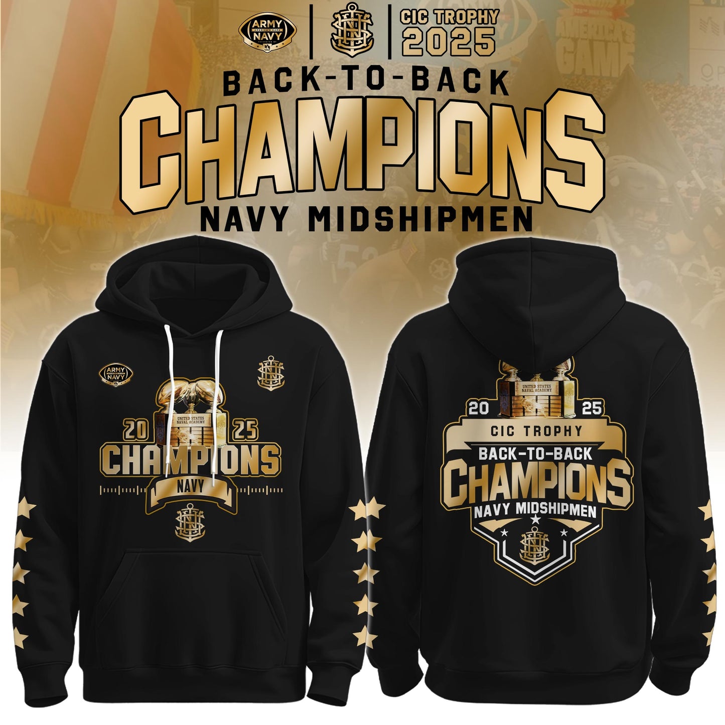 Navy Midshipmen Hoodie – Back-to-Back CIC Trophy Champions 2025 Combo Hoodie Golden Black