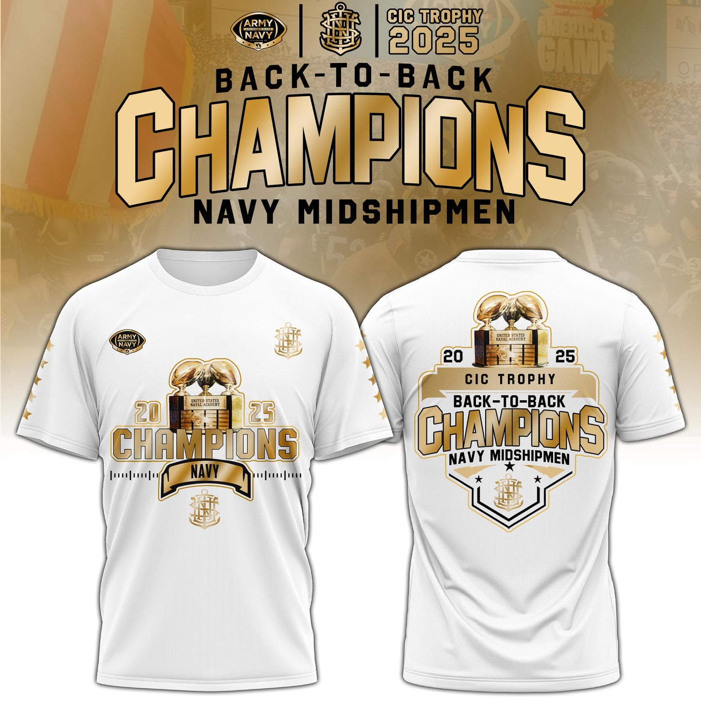 Navy Midshipmen T-Shirt – Back-to-Back CIC Trophy Champions 2025 Combo T-Shirt - Golden White