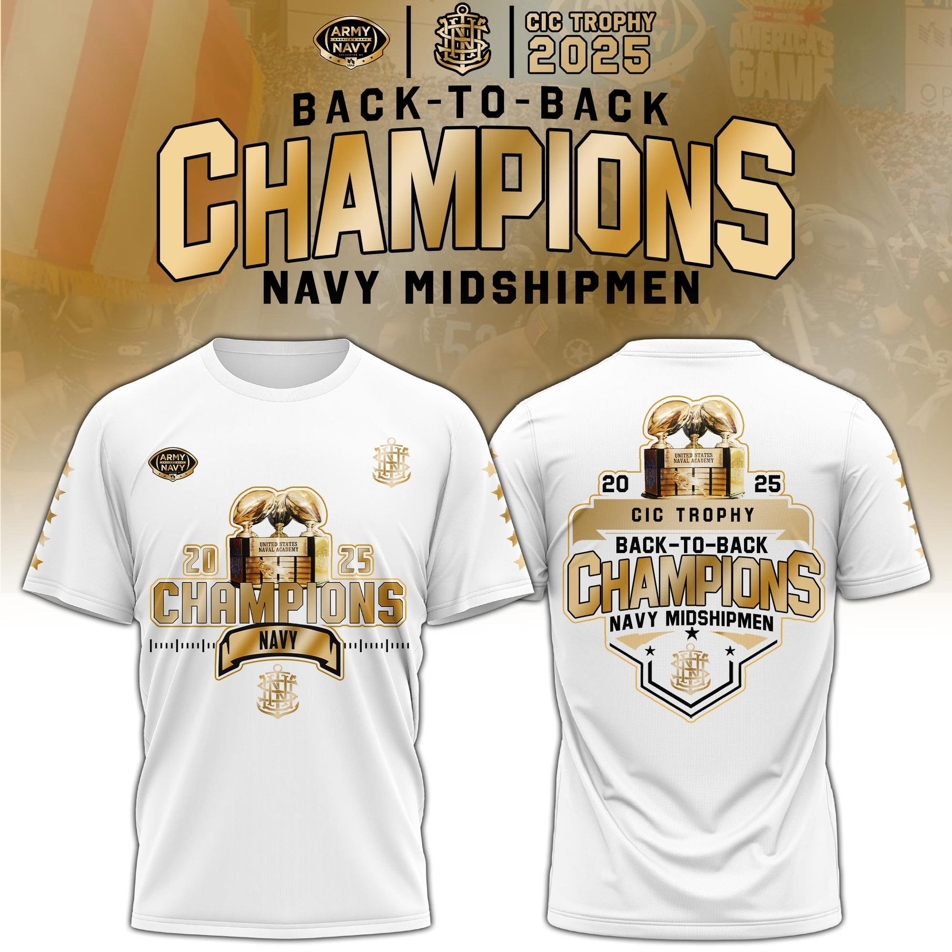 Navy Midshipmen T-Shirt – Back-to-Back CIC Trophy Champions 2025 Combo T-Shirt - Golden White
