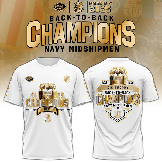 Navy Midshipmen T-Shirt – Back-to-Back CIC Trophy Champions 2025 Combo T-Shirt - Golden White