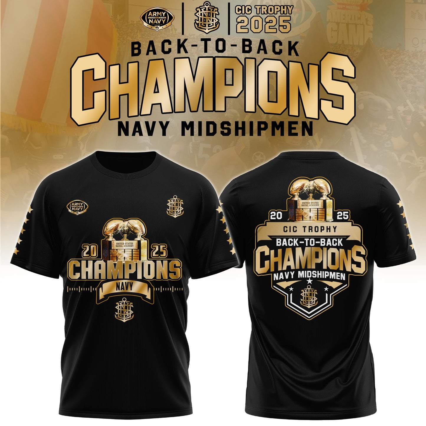 Navy Midshipmen T-Shirt – Back-to-Back CIC Trophy Champions 2025 Combo T-Shirt Golden Black