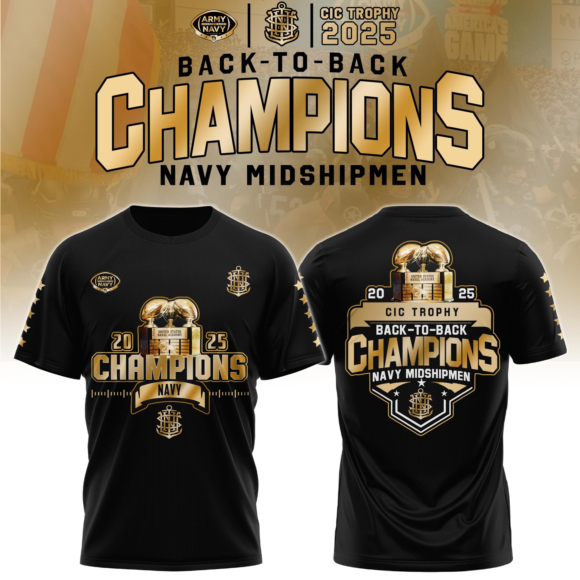 Navy Midshipmen T-Shirt – Back-to-Back CIC Trophy Champions 2025 Combo T-Shirt Golden Black