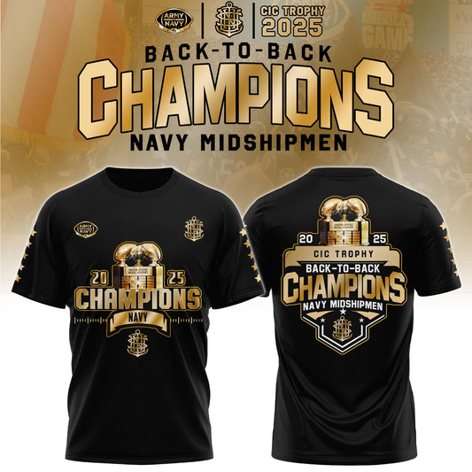 Navy Midshipmen T-Shirt – Back-to-Back CIC Trophy Champions 2025 Combo T-Shirt Golden Black