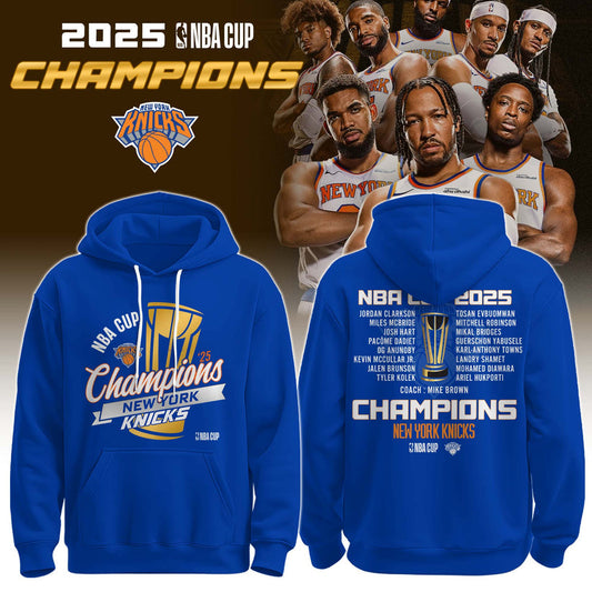 New York Knicks 2025 Emirates Cup Champions Hoodie All-Team - Blue 2-Side - Design By Tyche Joy