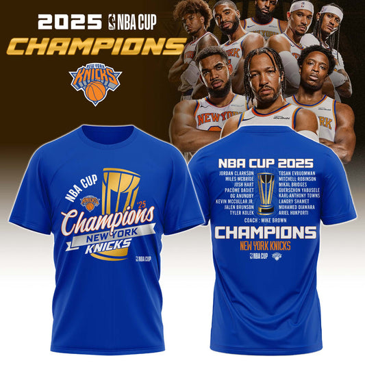 New York Knicks 2025 Emirates Cup Champions T-Shirt All-Team - Blue 2-Side - Design By Tyche Joy