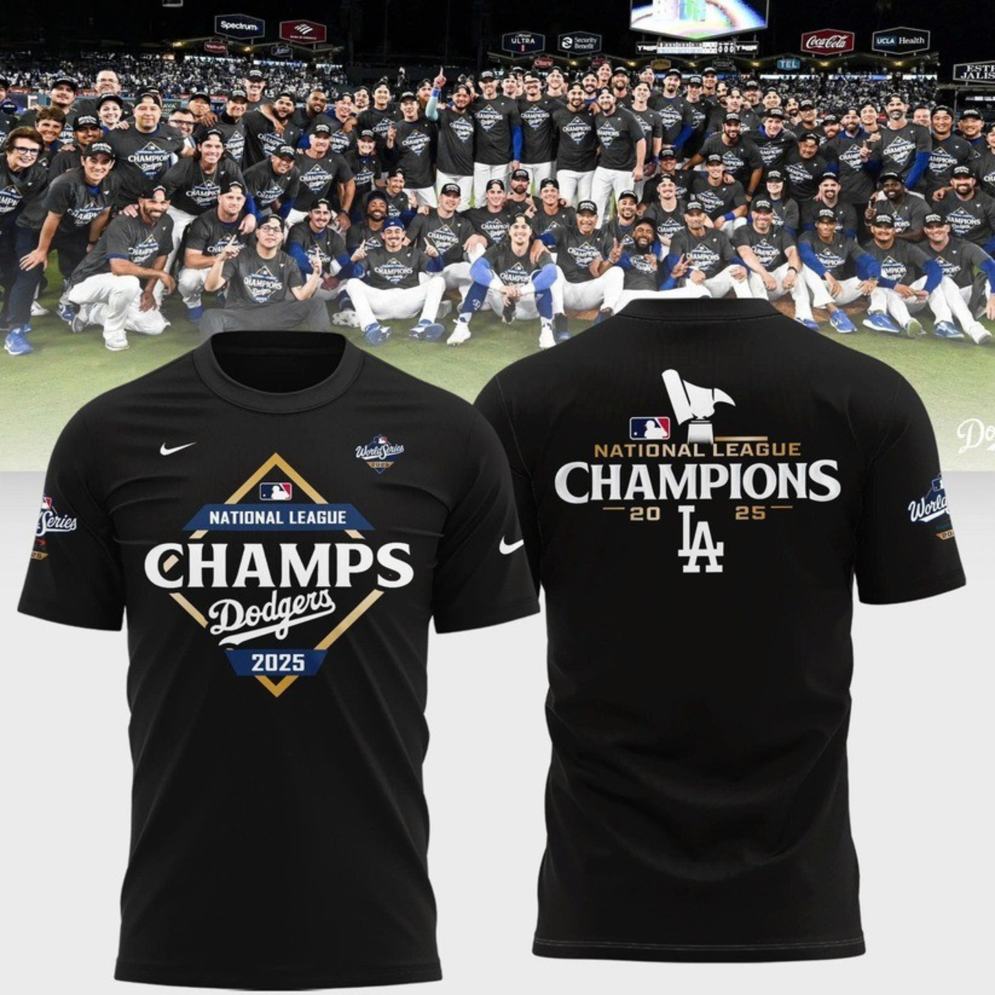 Los Angeles Dodgers NATIONAL LEAGUE CHAMPIONS 2025 2-Side Black T-shirt