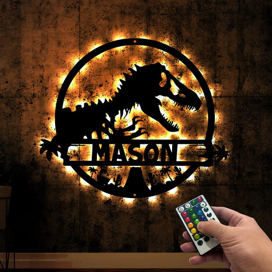 T-Rex dinosaur Metal Wall Art, Led Lights Tyrannosaurus Sign, Personalized T-Rex Sign, Kids Room Decoration, Dino Lover Gift For Children