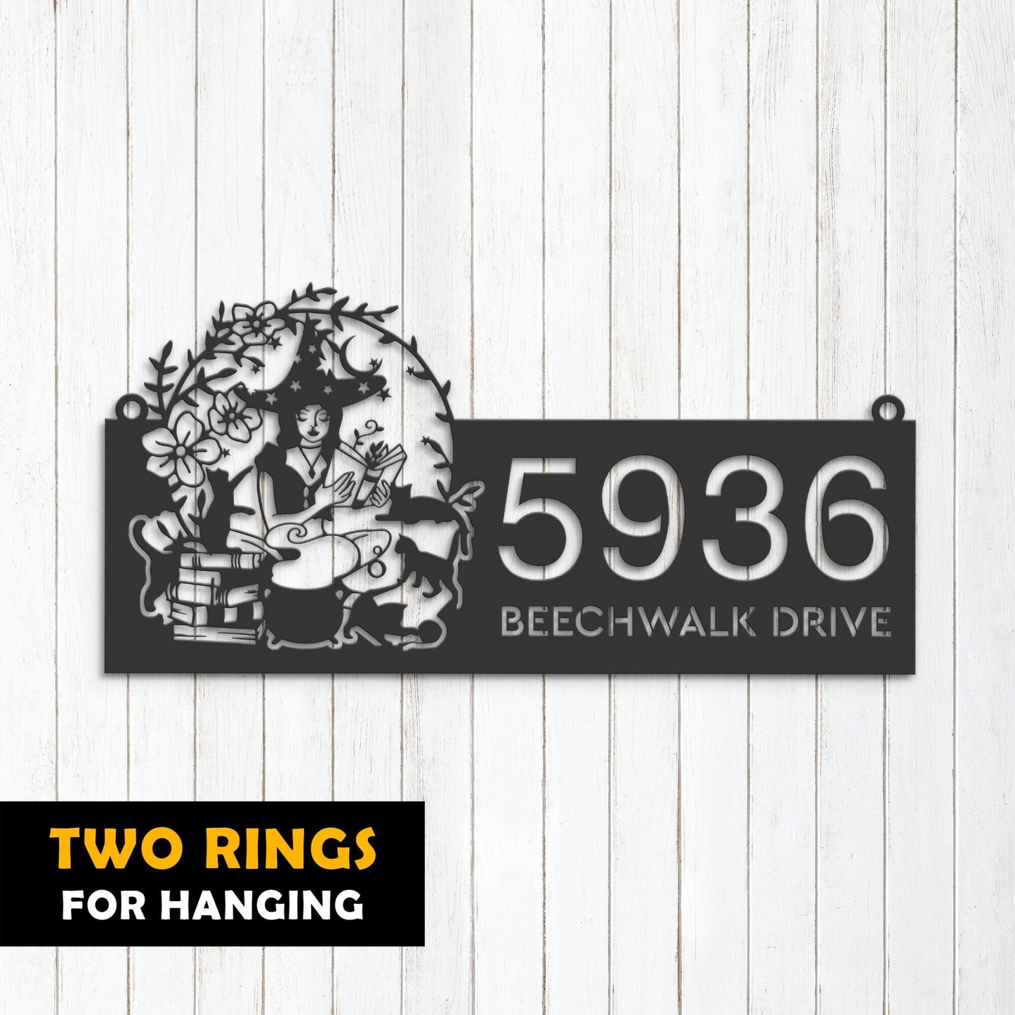 Personalized Witch and black cat halloween Metal Address Sign House number Hanging Address Plaque Yard Sign Outdoor Sign Garden Stake