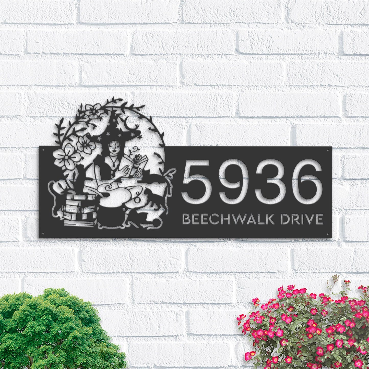 Personalized Witch and black cat halloween Metal Address Sign House number Hanging Address Plaque Yard Sign Outdoor Sign Garden Stake