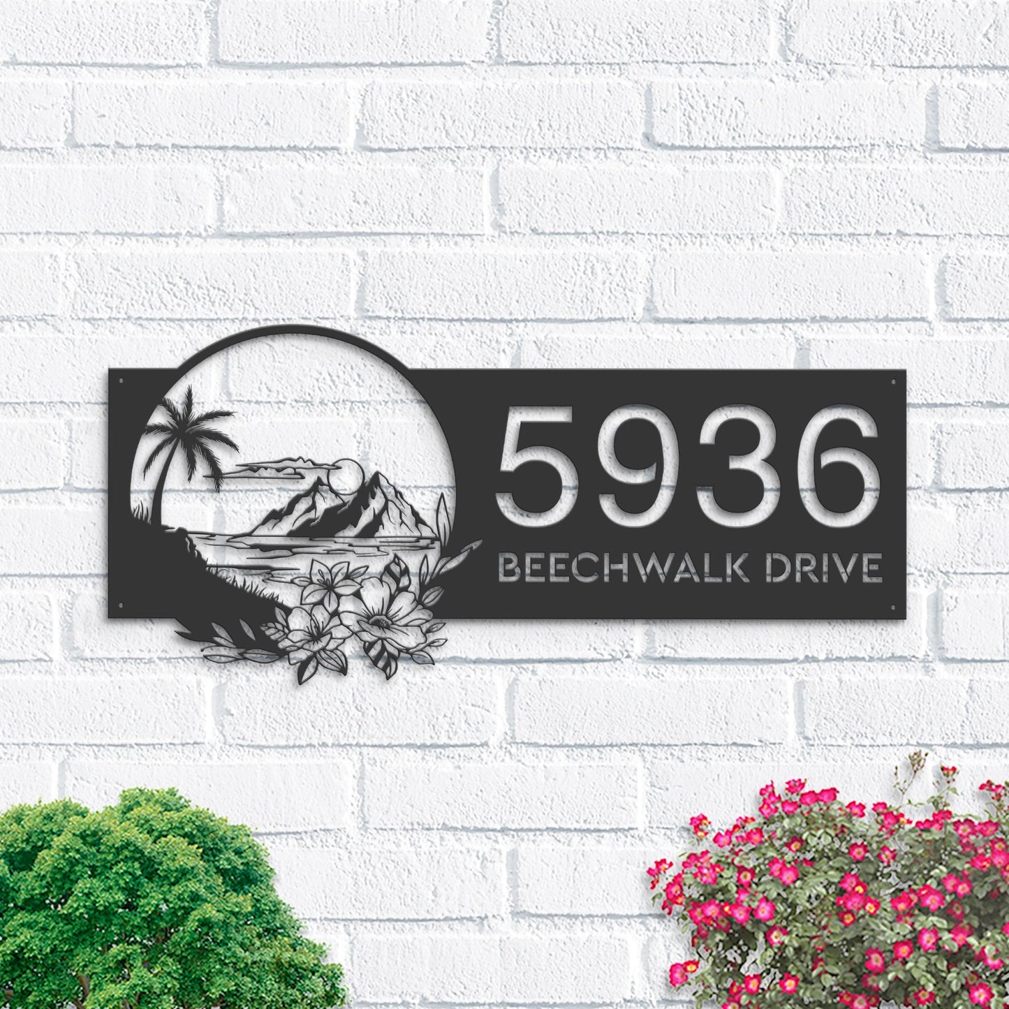 Personalized Floral tropical Beach island scene Metal Address Sign House number Hanging Address Plaque Yard Sign, Outdoor Sign Garden Stake