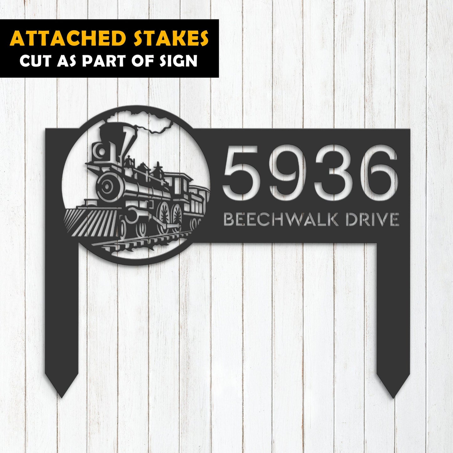 Personalized Train Metal Address Sign | Hanging Address Plaque | Yard Sign, Outdoor Sign | Garden Stake