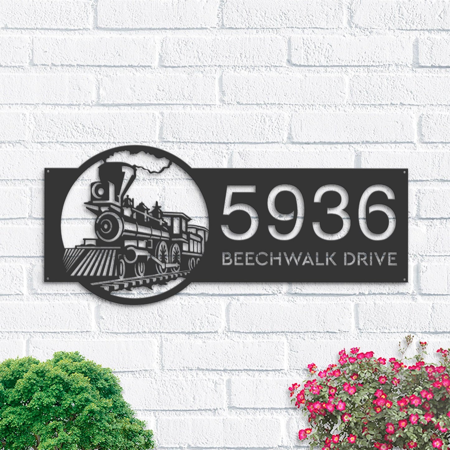 Personalized Train Metal Address Sign | Hanging Address Plaque | Yard Sign, Outdoor Sign | Garden Stake