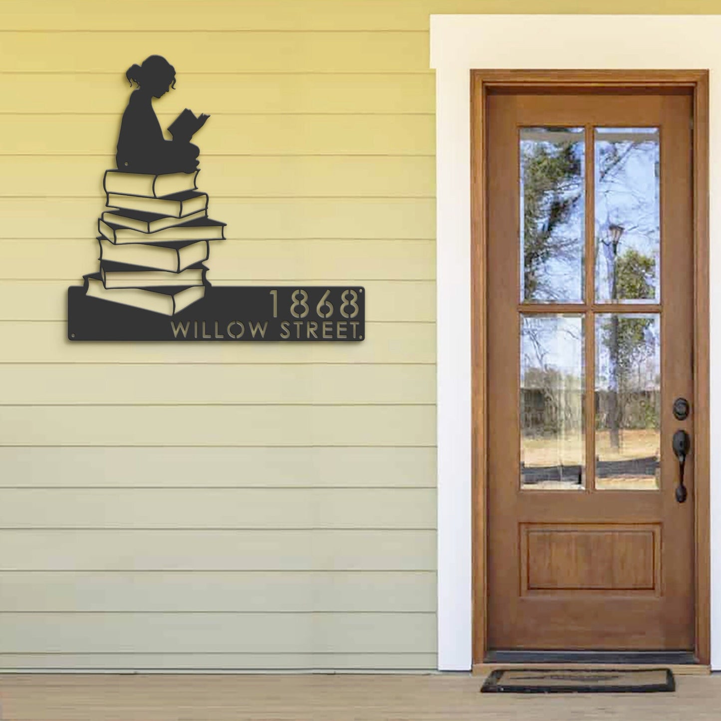 Personalized Girl Reading Book, Book Lover Metal Address Sign | Hanging Address Plaque | Yard Sign, Outdoor Sign | Garden Stake