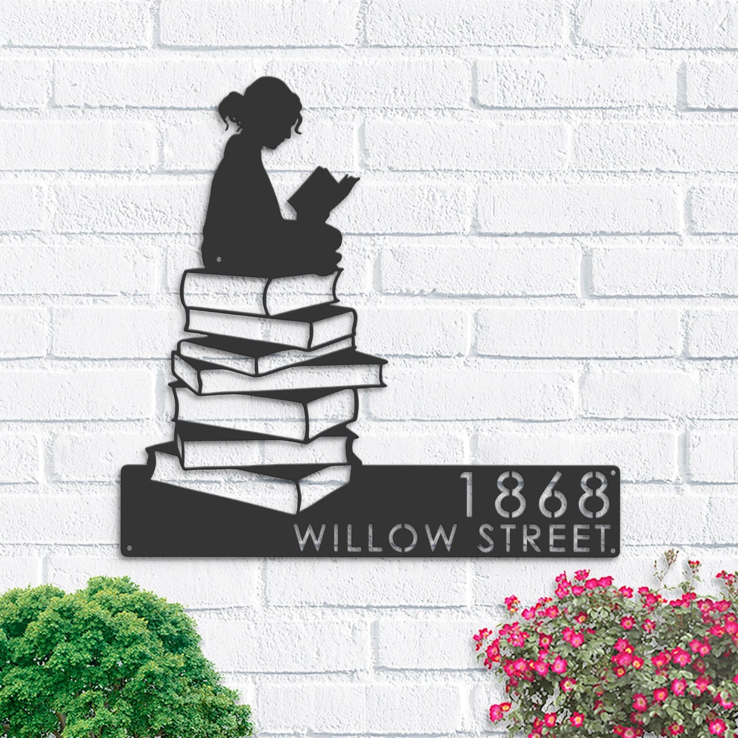 Personalized Girl Reading Book, Book Lover Metal Address Sign | Hanging Address Plaque | Yard Sign, Outdoor Sign | Garden Stake