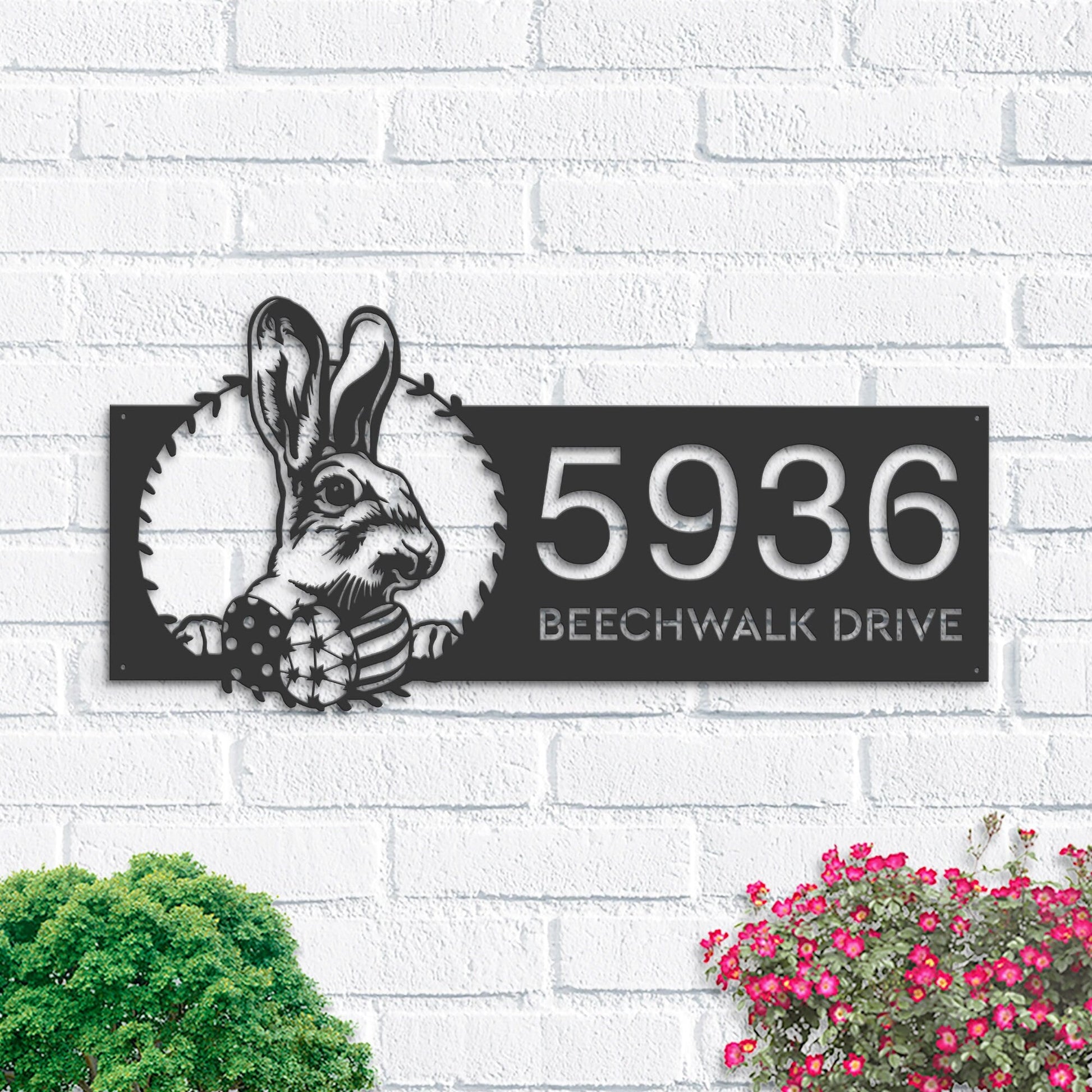 Personalized Rabbit bunny farmhouse Metal Address Sign House number Hanging Address Plaque Yard Sign Outdoor decor Garden Stake