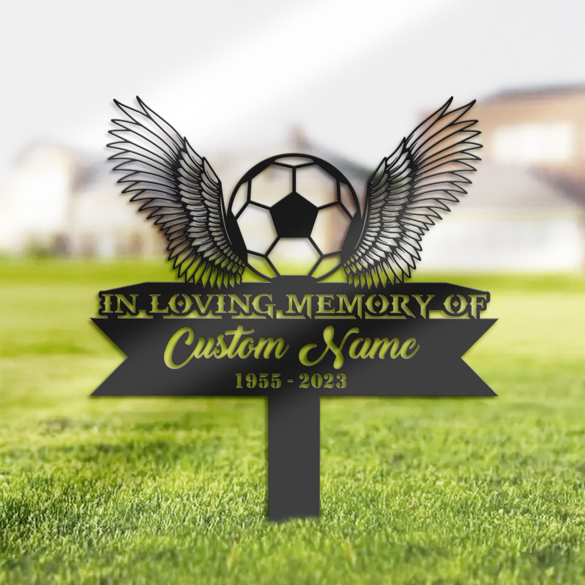 Personalized Soccer ball football angel wings Memorial Stake, Metal Stake, Sympathy Sign, Grave Marker, Remembrance Stake