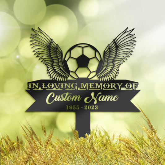 Personalized Soccer ball football angel wings Memorial Stake, Metal Stake, Sympathy Sign, Grave Marker, Remembrance Stake