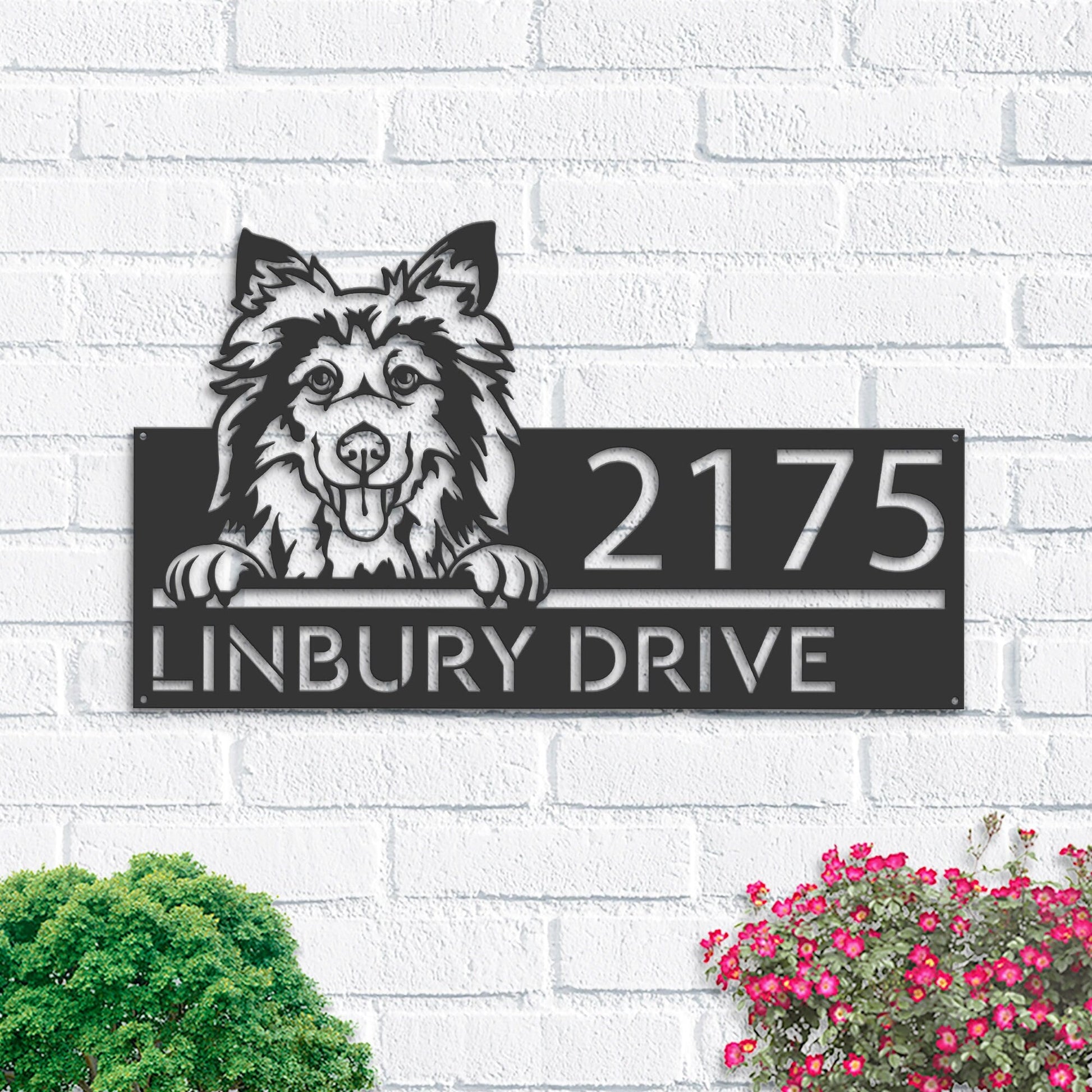 Personalized Shetland Sheepdog, Cute puppy Metal Address Sign House number Hanging Address Plaque Yard Sign Outdoor decor Garden Stake