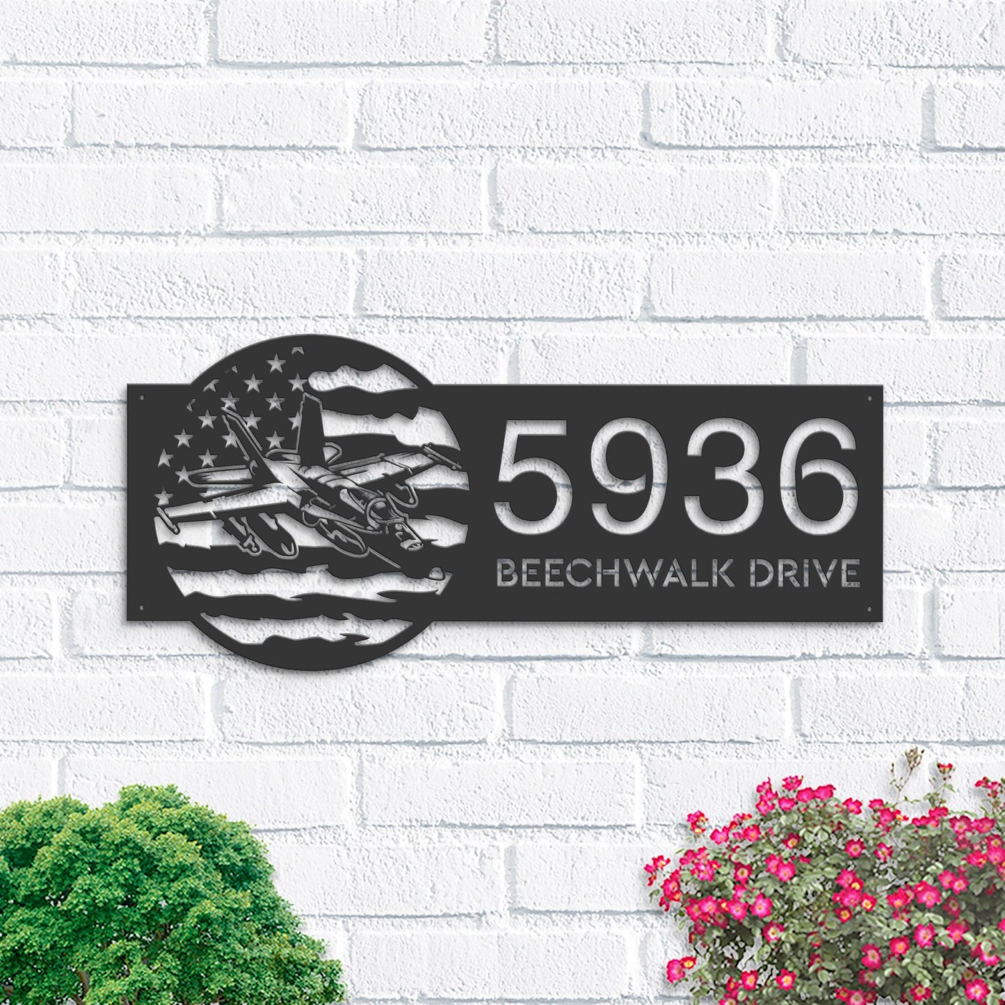 Personalized Fighter Jet US flag Metal Address Sign With LED lights House number Hanging Address Plaque Yard Sign Outdoor Garden Stake