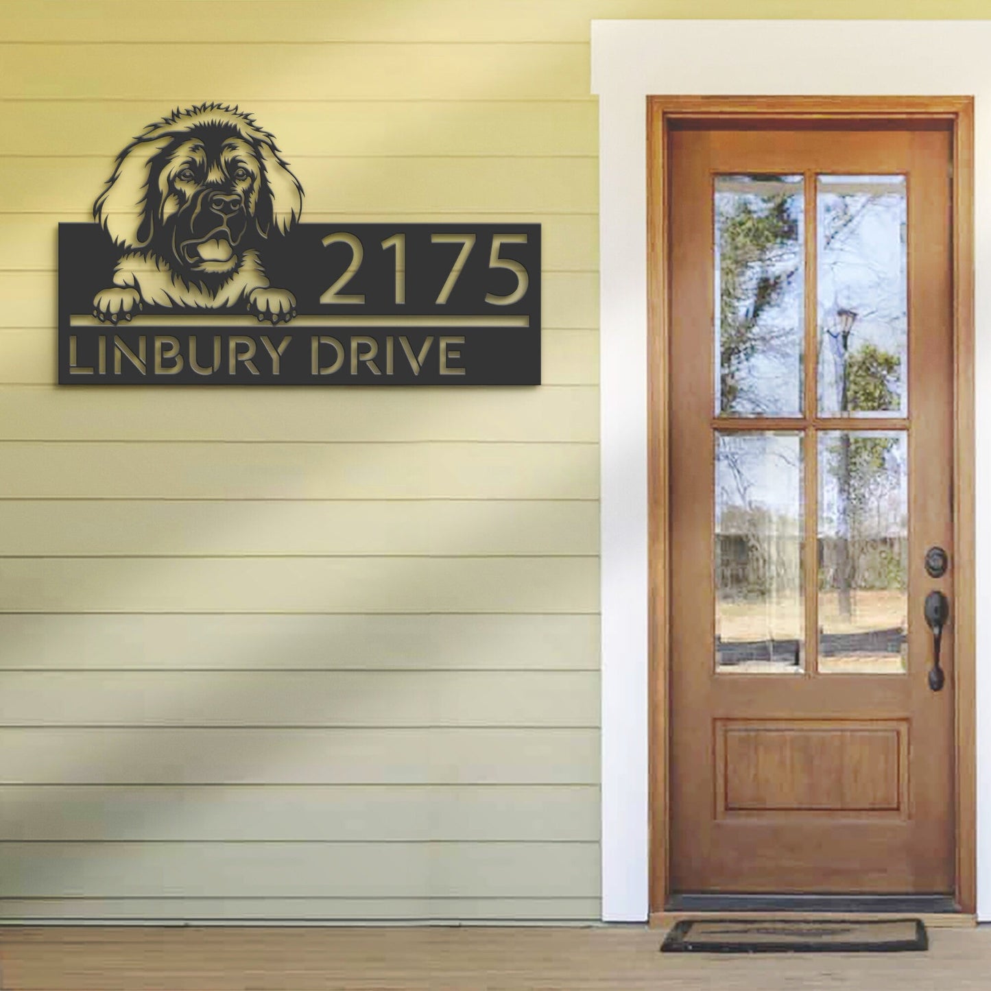 Personalized Leonberger dog, Puppy Metal Address Sign House number Hanging Address Plaque Yard Sign Outdoor decor Garden Stake