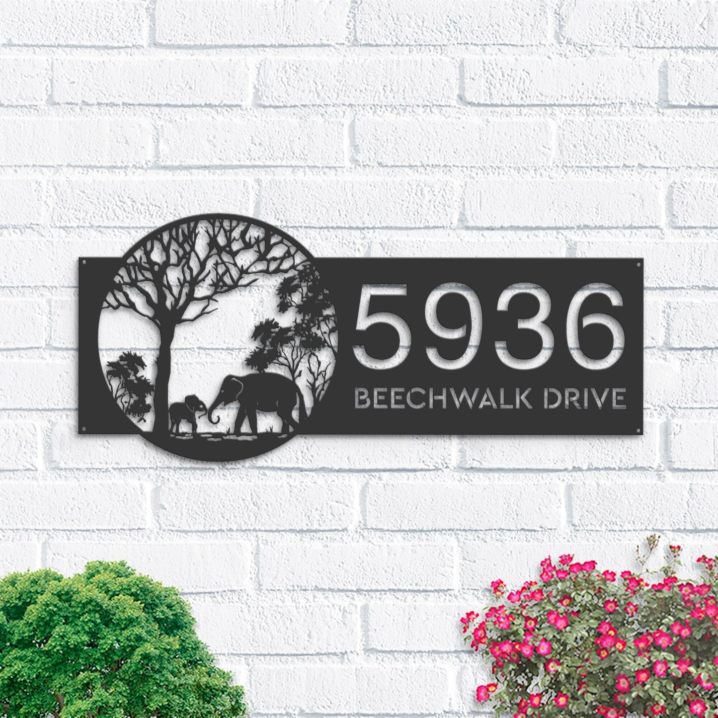 Personalized Elephants mother and child in forest Metal Address Sign | Hanging Address Plaque | Yard Sign, Outdoor Sign | Garden Stake