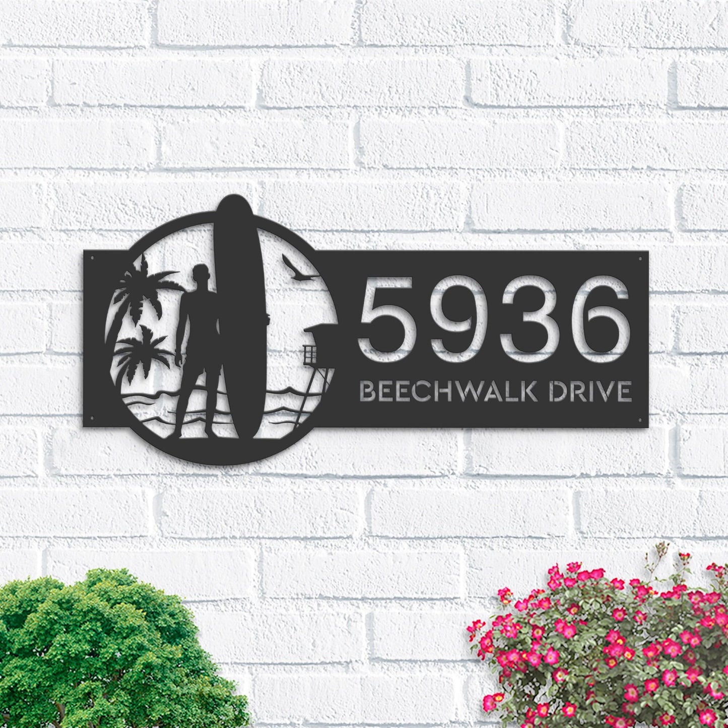 Personalized Longboard male Surfer Metal Address Sign House number Hanging Address Plaque Yard Sign Outdoor Sign Garden Stake