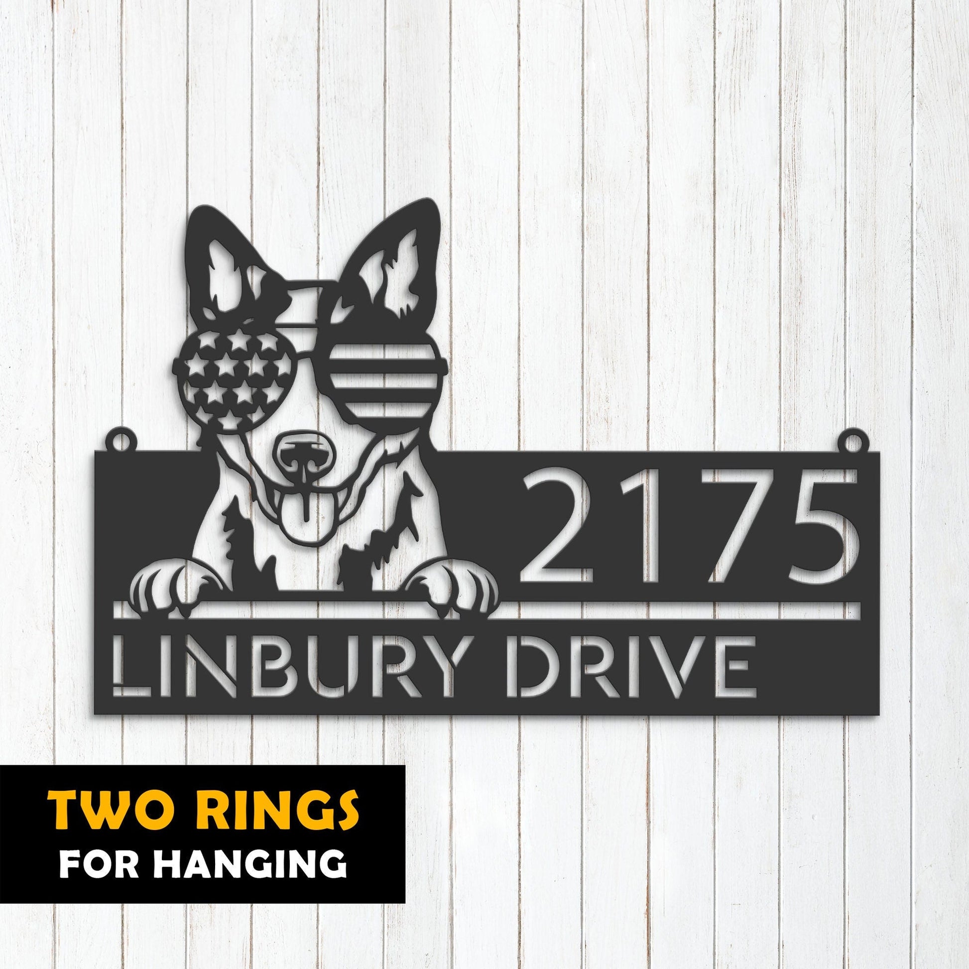 Personalized Blue heeler dog US flag glasses Metal Address Sign House number Hanging Address Plaque Yard Sign Outdoor decor Garden Stake