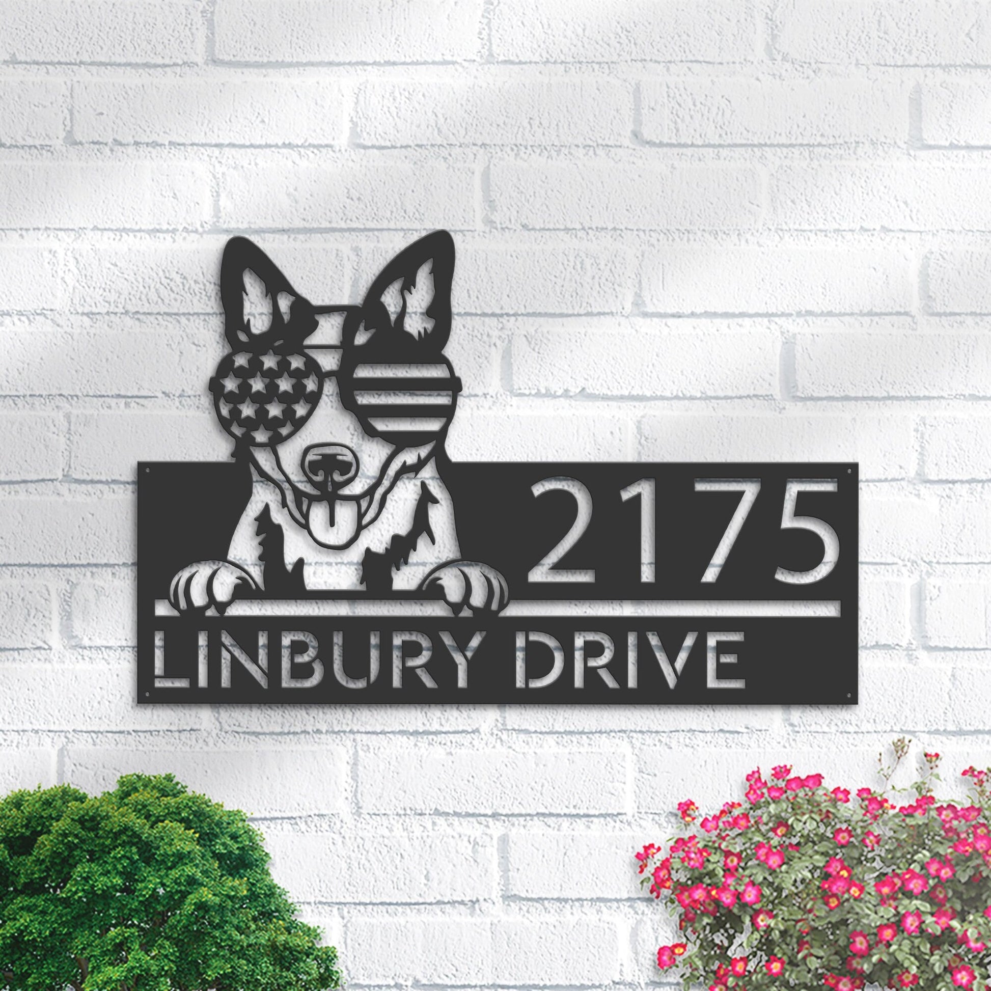 Personalized Blue heeler dog US flag glasses Metal Address Sign House number Hanging Address Plaque Yard Sign Outdoor decor Garden Stake