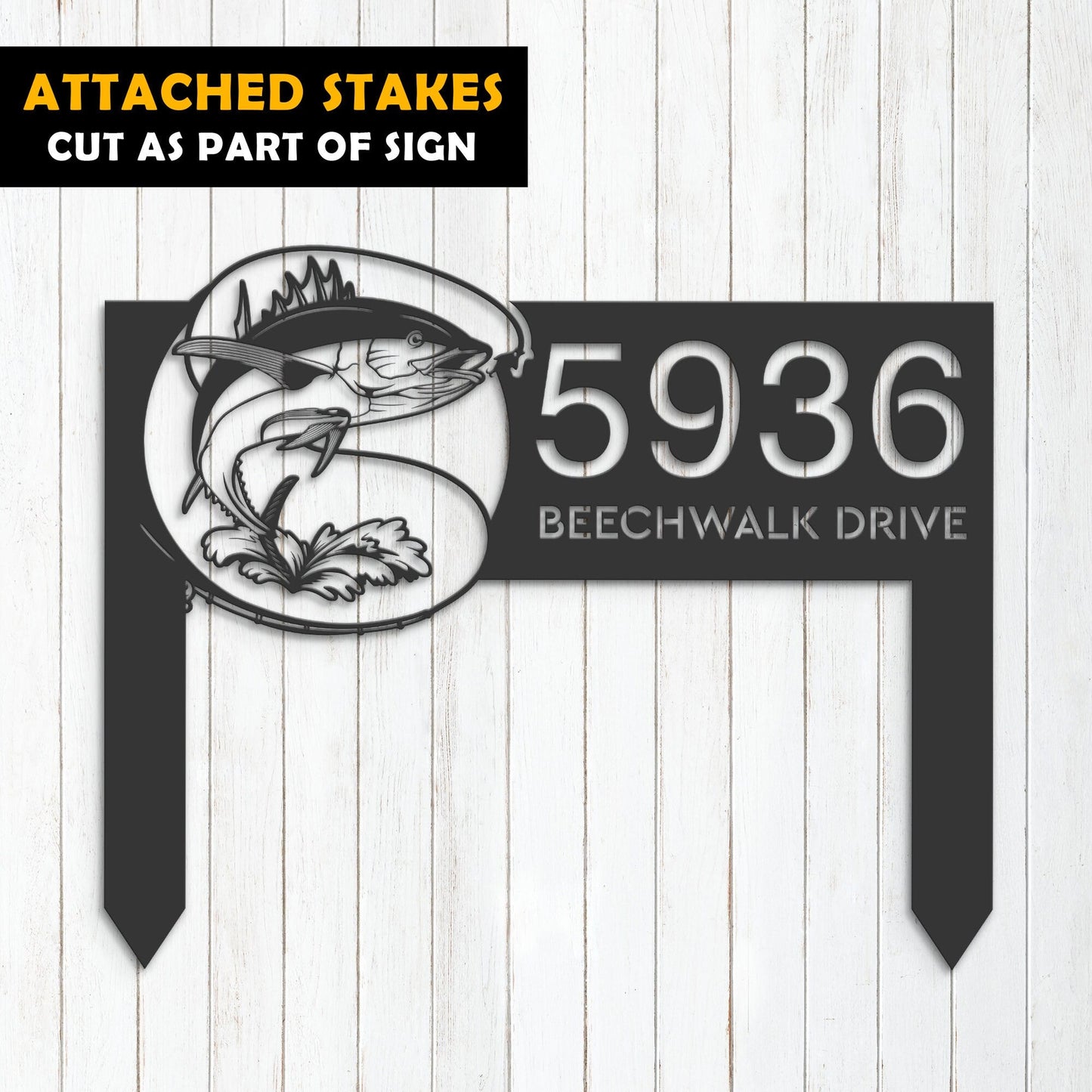 Personalized Tuna fishing rod bait hook Metal Address Sign House number Hanging Address Plaque Yard Sign Outdoor Sign Garden Stake