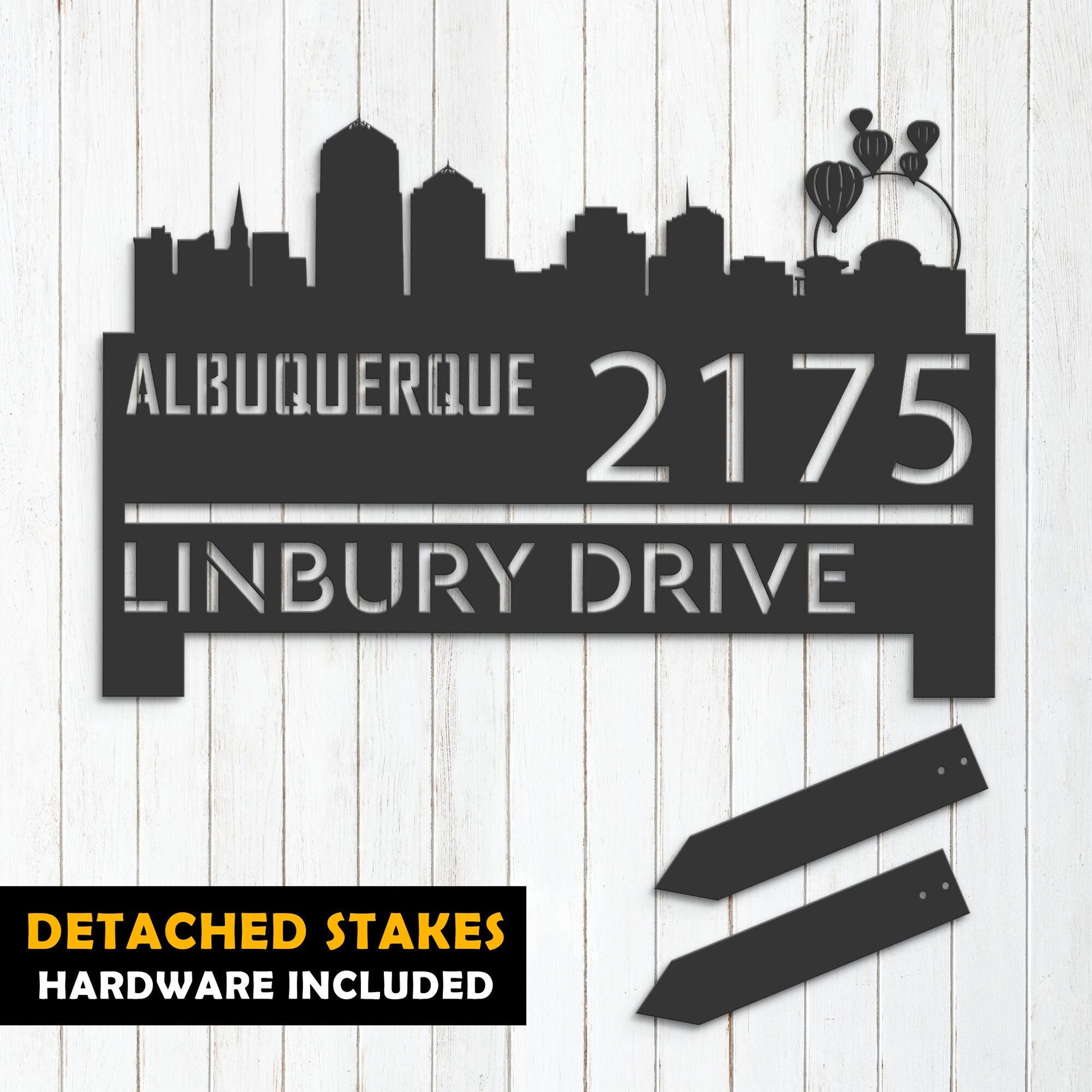 Personalized Albuquerque city skyline Metal Address Sign Hanging Address Plaque house number Yard Outdoor Sign Garden Stake