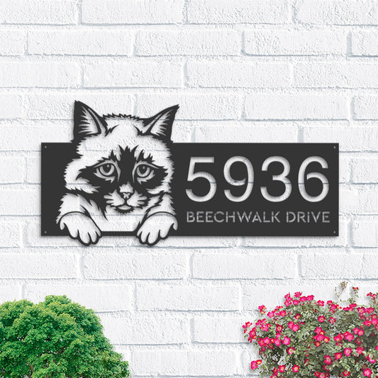 Personalized Birman Cute peeking cat kitten Metal Address Sign House number Hanging Address Plaque Yard Sign Outdoor Sign Garden Stake