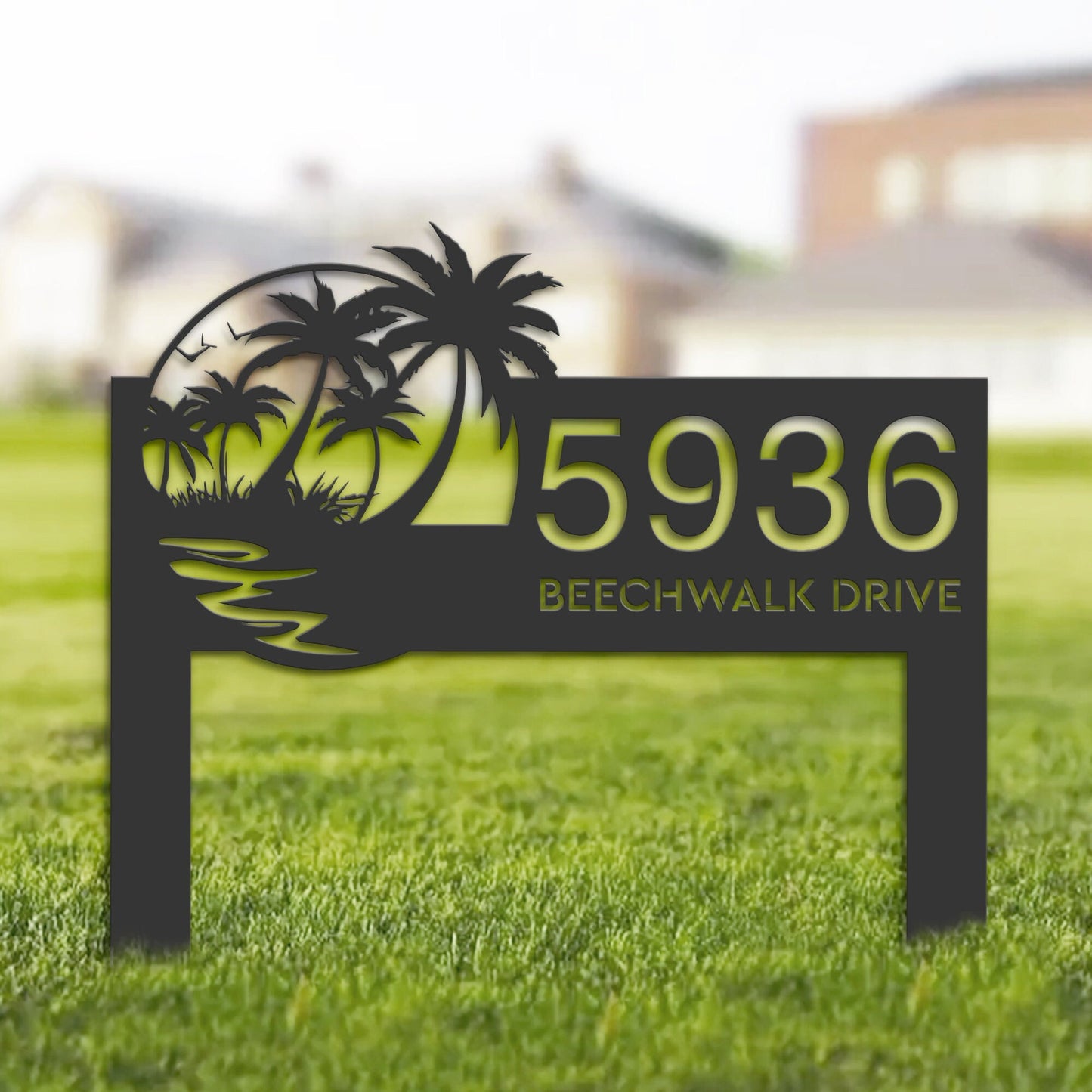 Personalized Beach Scene Summer Palm Tree Metal Address Sign House Number, Hanging Address Plaque Yard Sign, Outdoor Sign Garden Stake