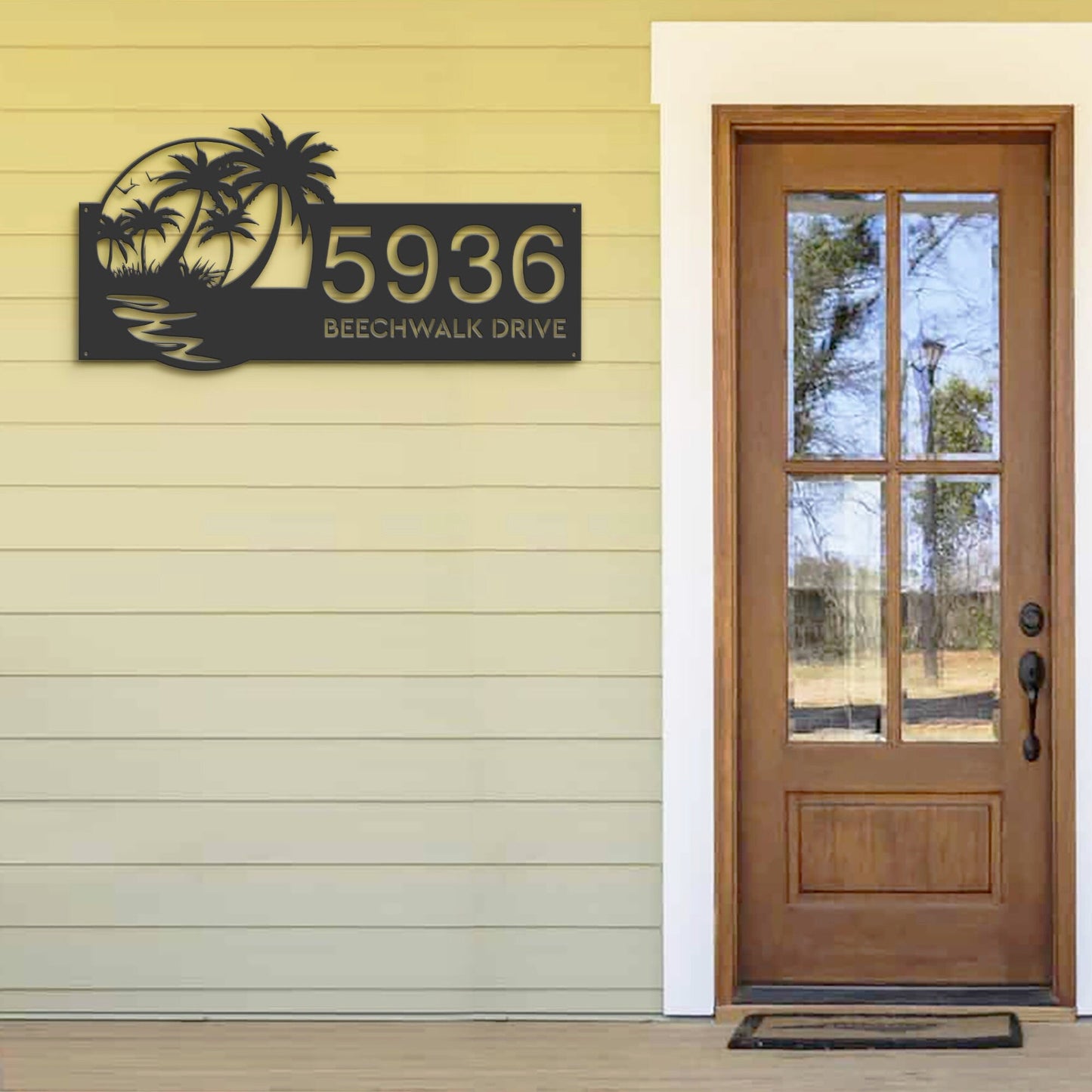 Personalized Beach Scene Summer Palm Tree Metal Address Sign House Number, Hanging Address Plaque Yard Sign, Outdoor Sign Garden Stake