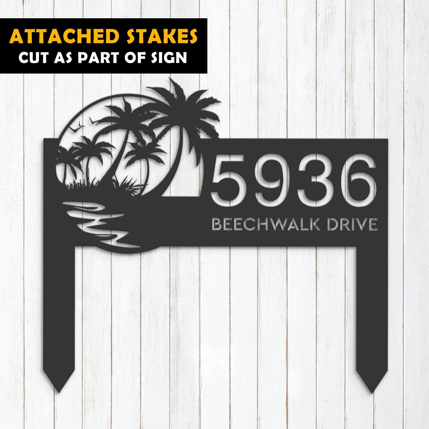 Personalized Beach Scene Summer Palm Tree Metal Address Sign House Number, Hanging Address Plaque Yard Sign, Outdoor Sign Garden Stake