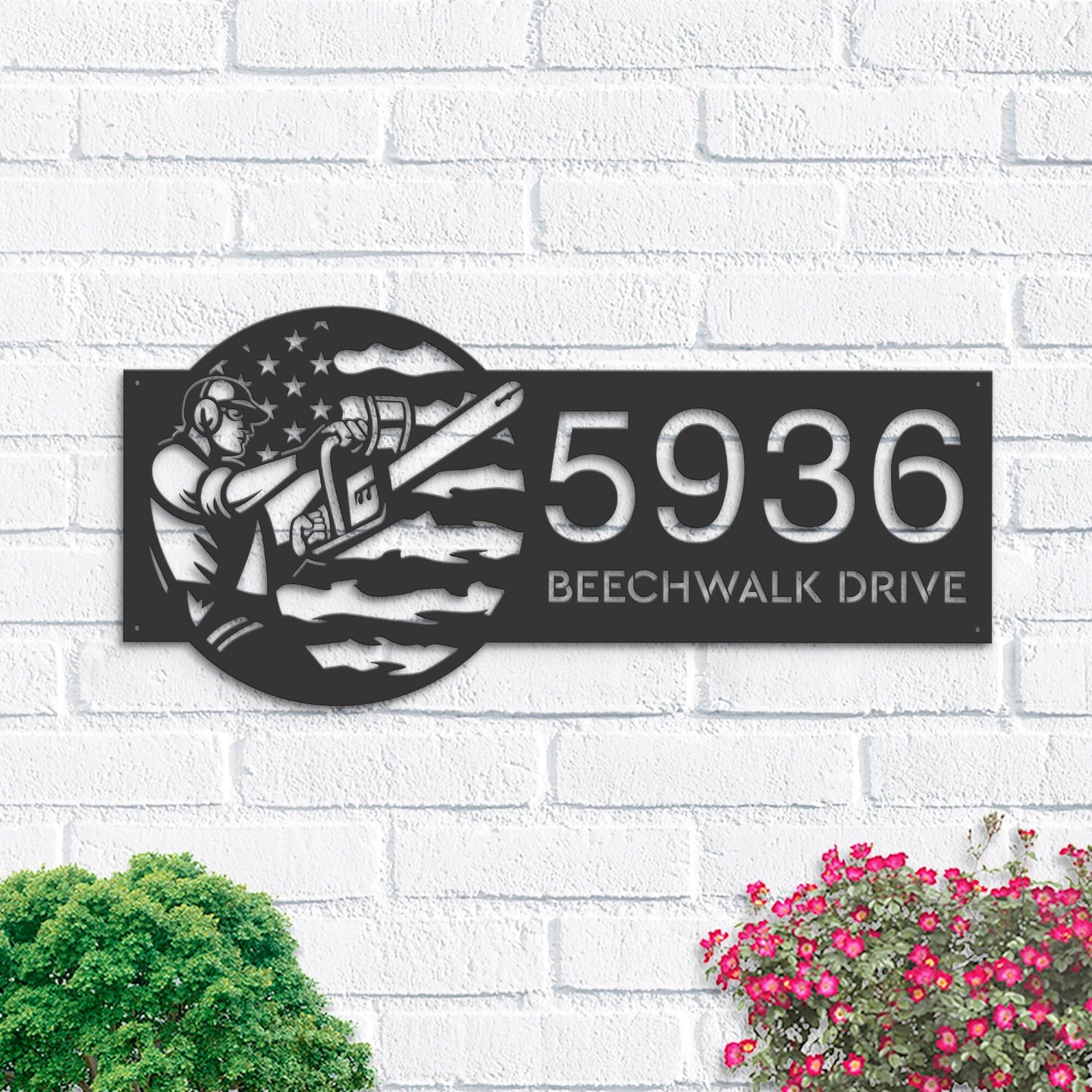 Personalized Arborist tree surgeon US flag Metal Address Sign House number Hanging Address Plaque | Yard Sign, Outdoor Sign | Garden Stake