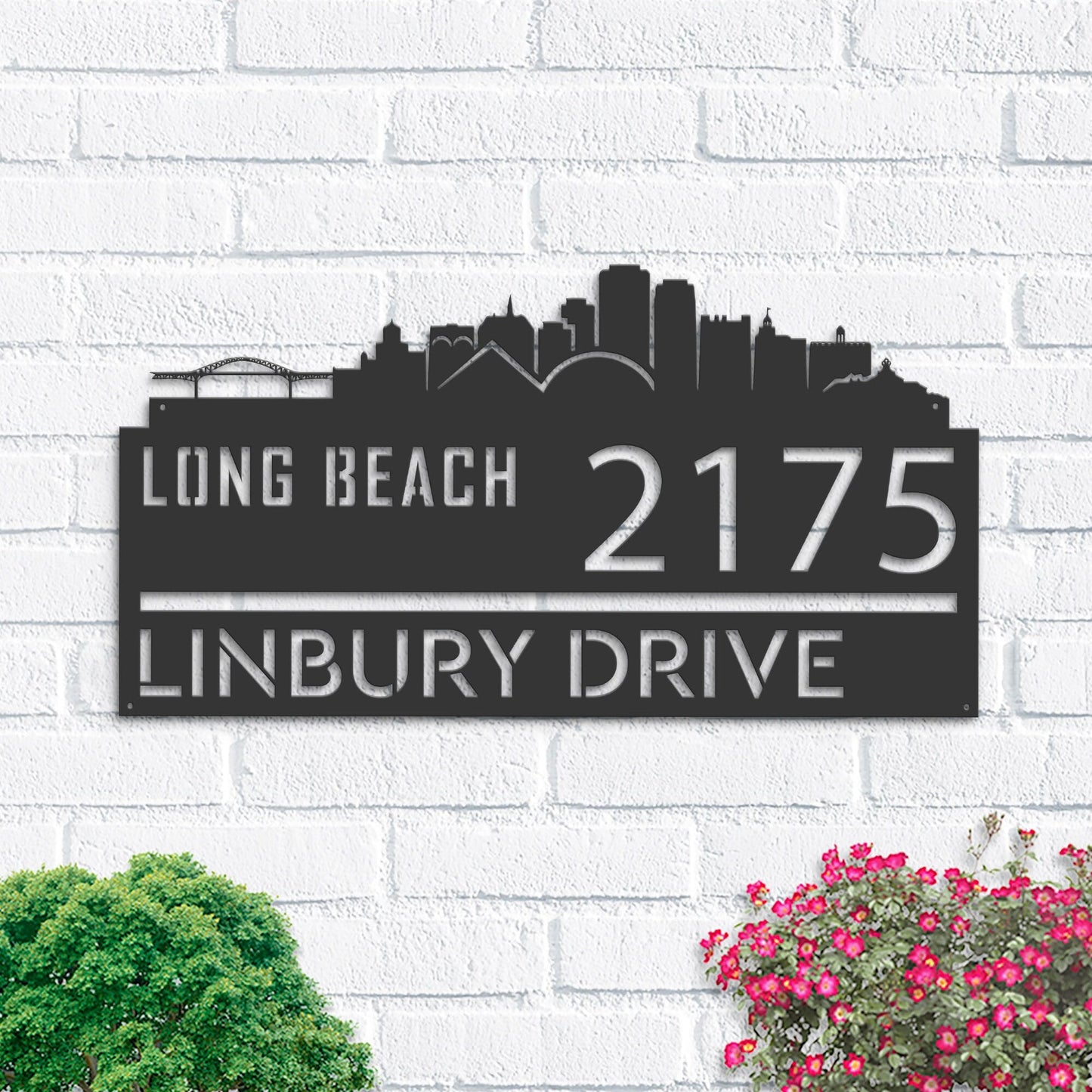 Personalized Long Beach city skyline Metal Address Sign Hanging Address Plaque house number Yard Outdoor Sign Garden Stake